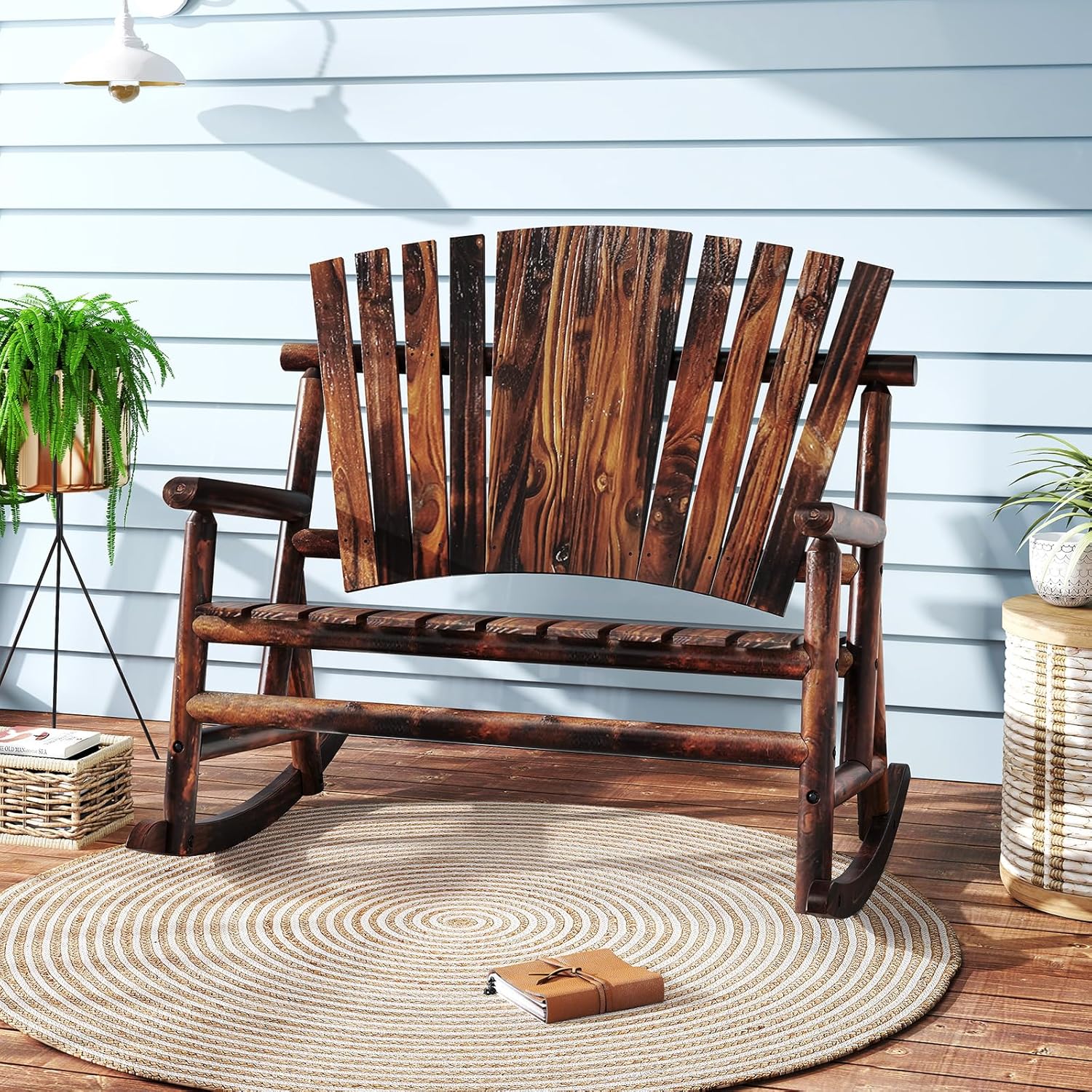 2 Person Wooden Adirondack Rocking Bench Patio Porch Chair