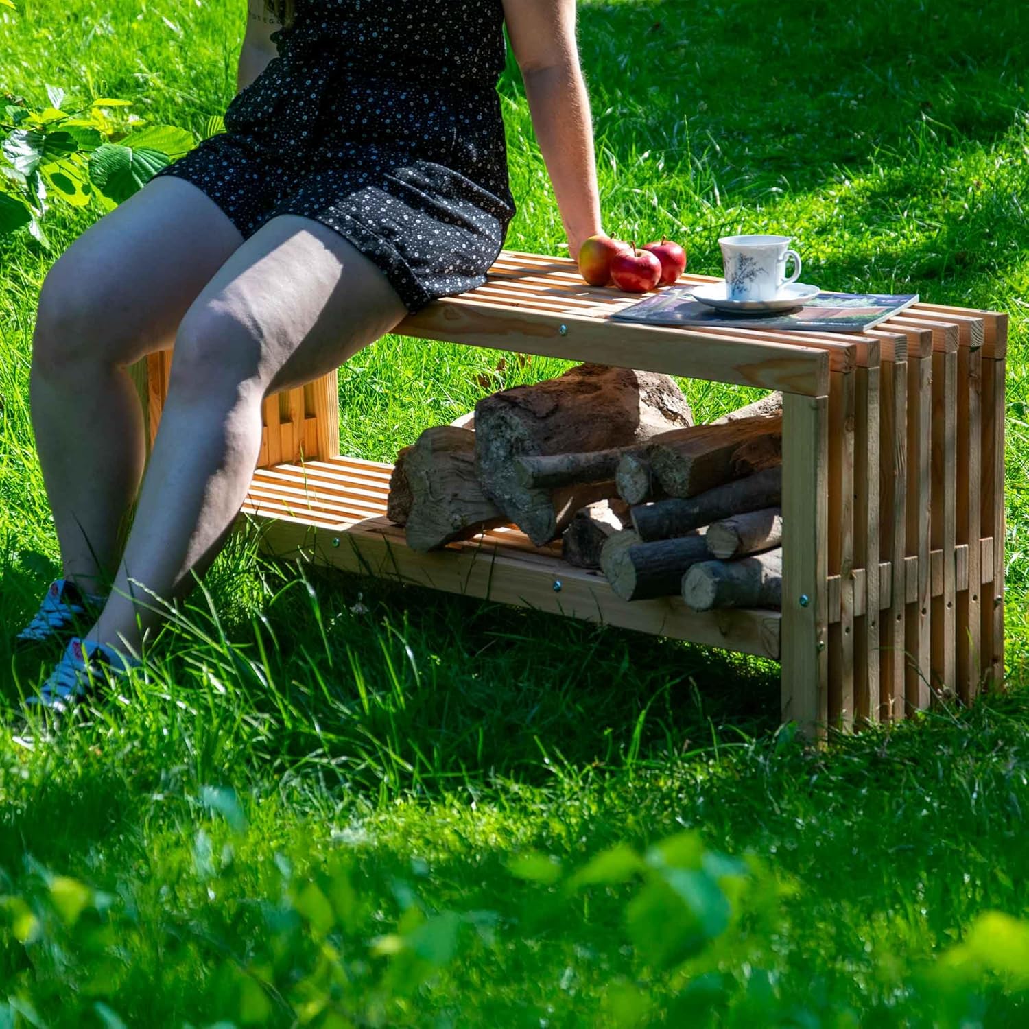 Wooden Garden Bench with Firewood Storage Douglas Fir Seat