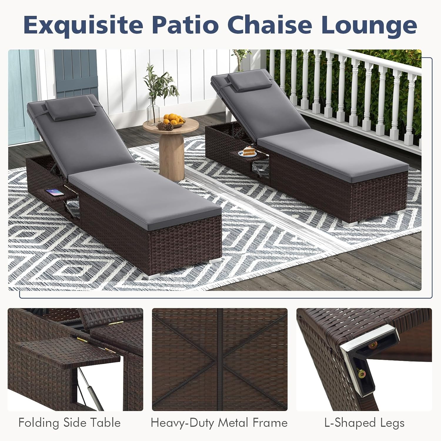 Rattan Sun Lounger 6 Level Recliner with Table Grey