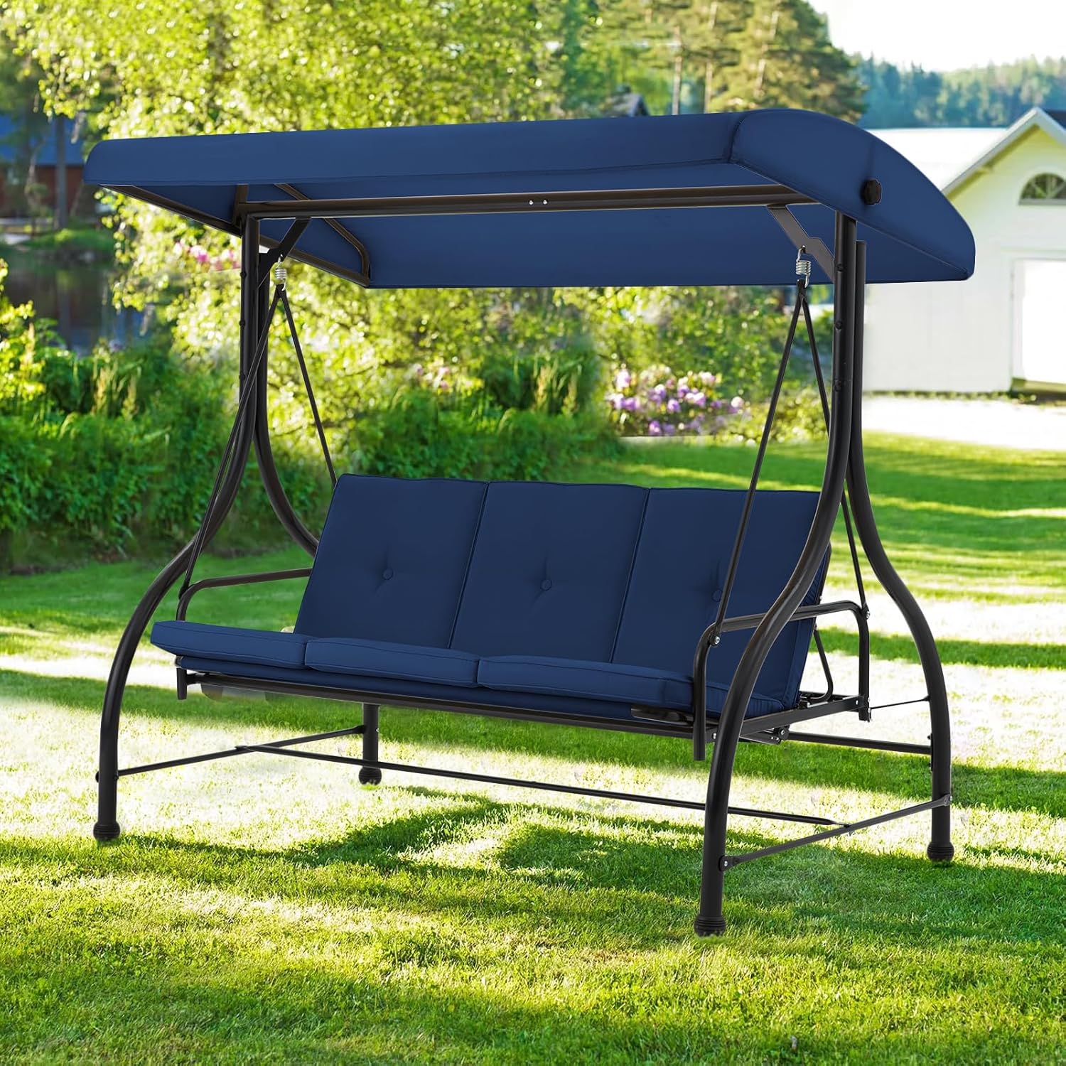 3 Seater Garden Swing Bed Blue Canopy Cushion Steel