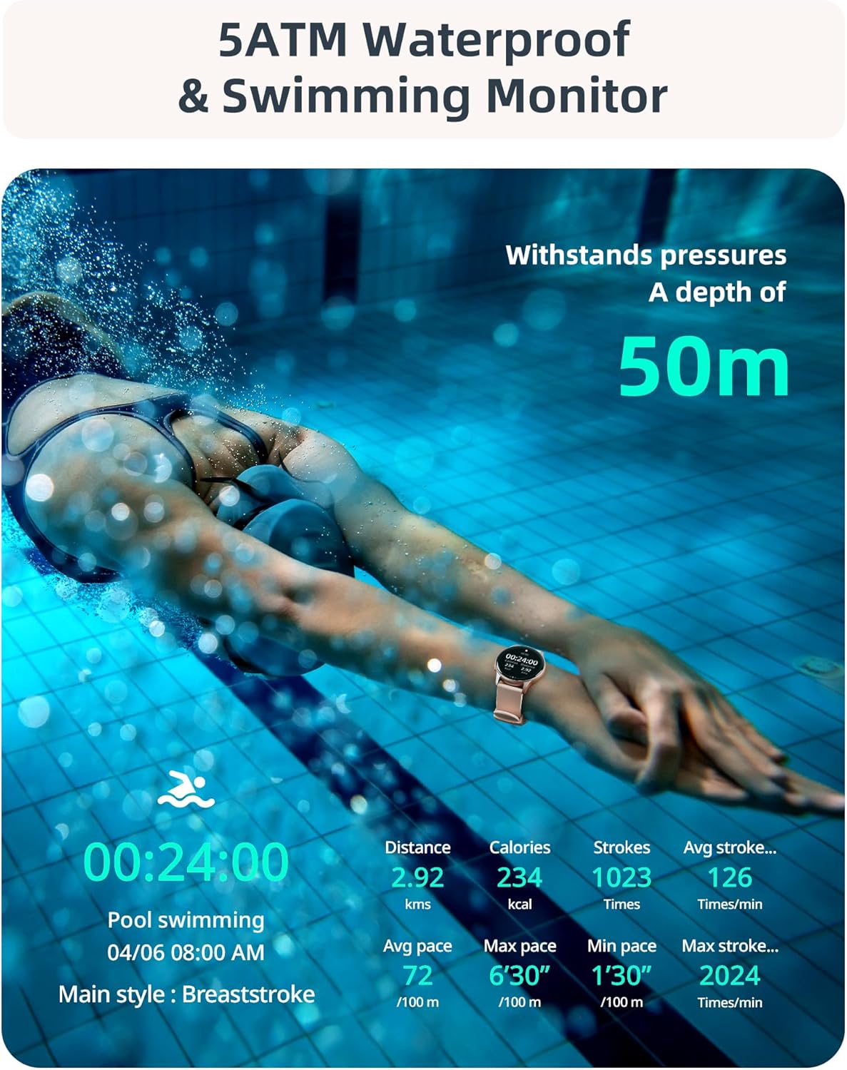 Womens Swim Smart Watch Bluetooth Call Rose Gold 44mm