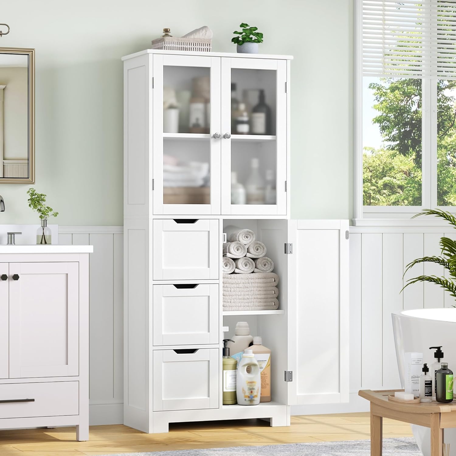 Tall Storage Cabinet White 3 Door 3 Drawer Shelf Unit