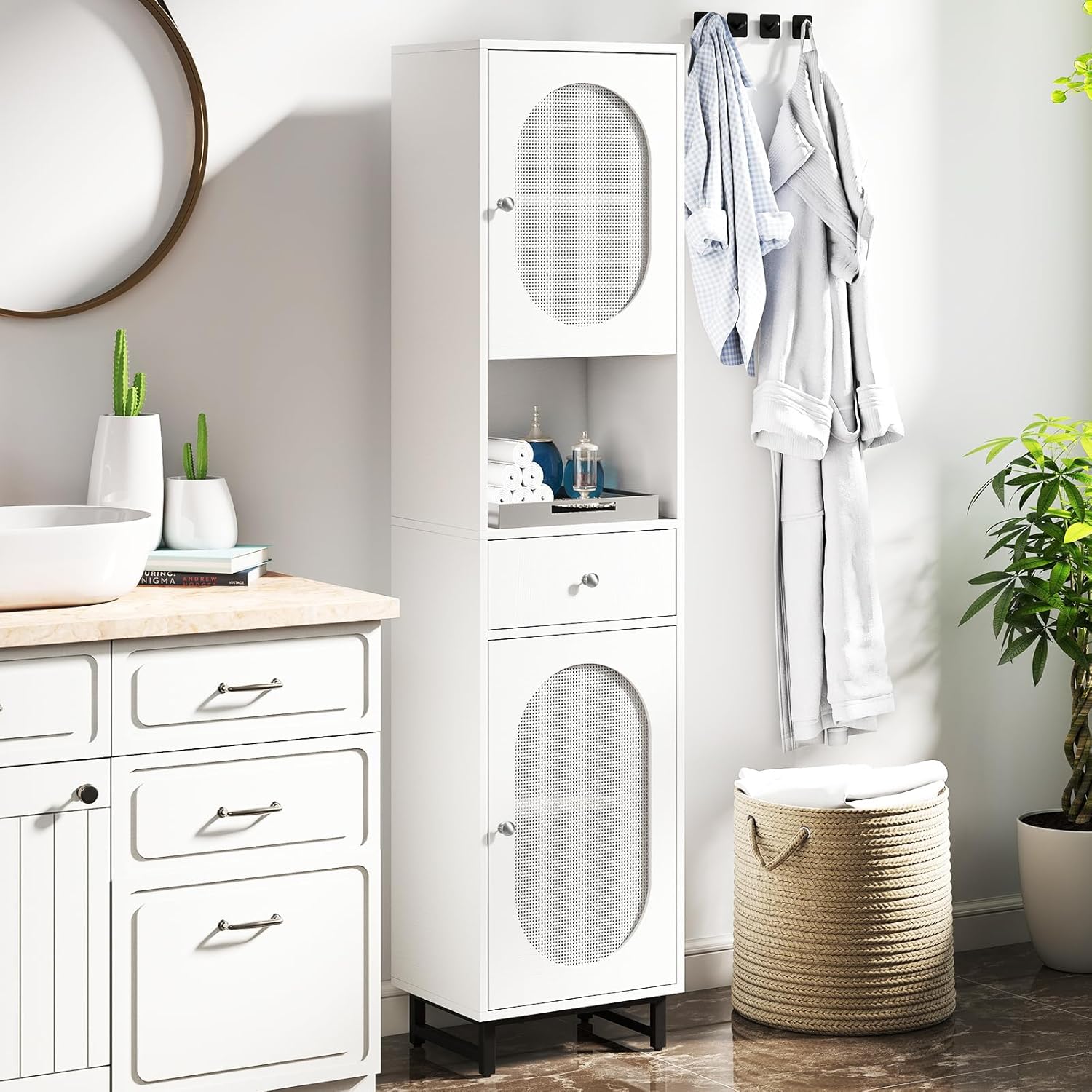 Tall Slim Storage Cabinet White Rattan Drawer Door Unit