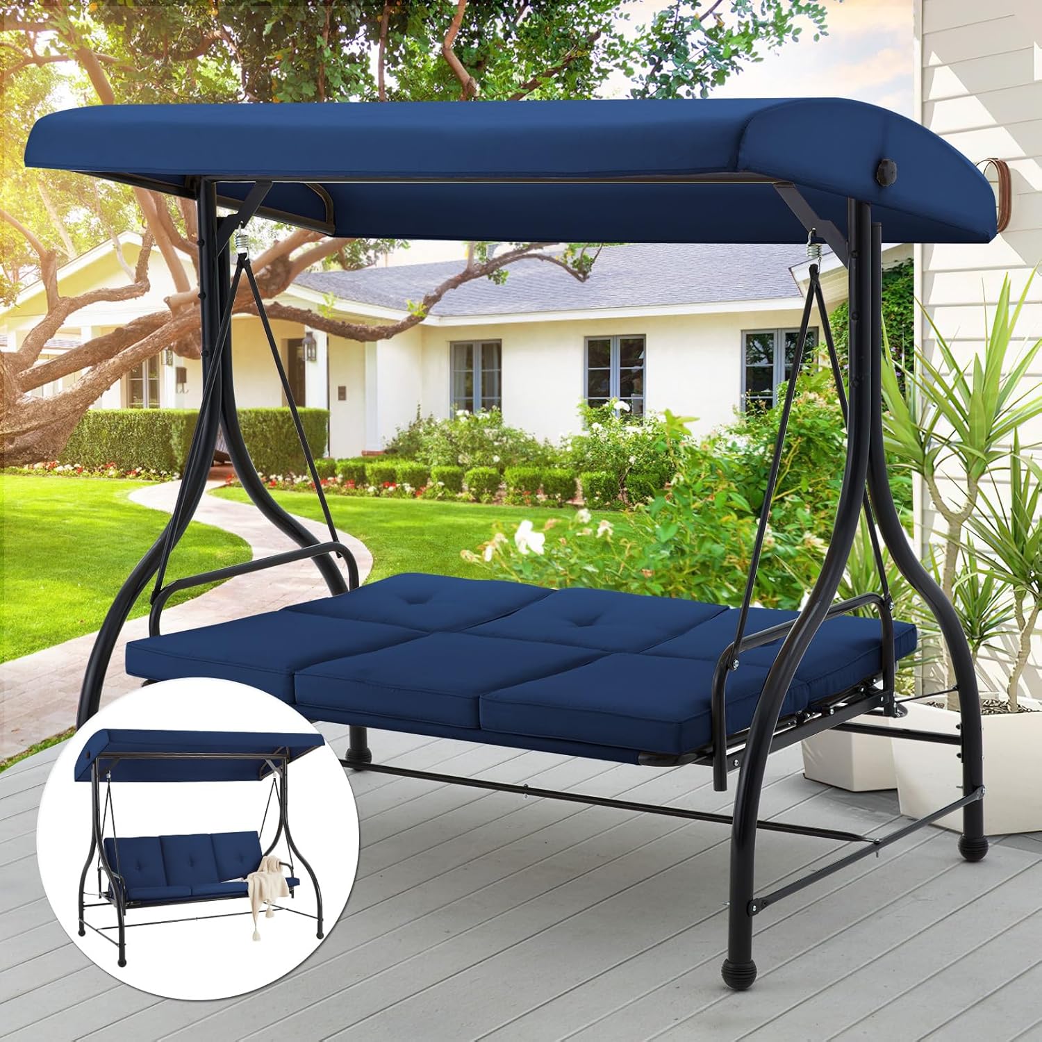 3 Seater Garden Swing Bed Blue Canopy Cushion Steel