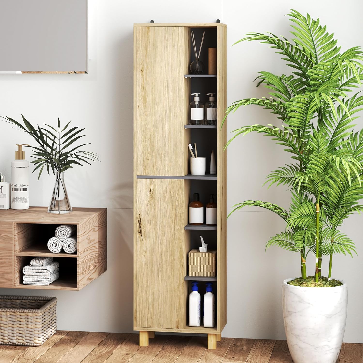 Tall Bathroom Storage Cabinet Natural Wood 6 Shelves Unit