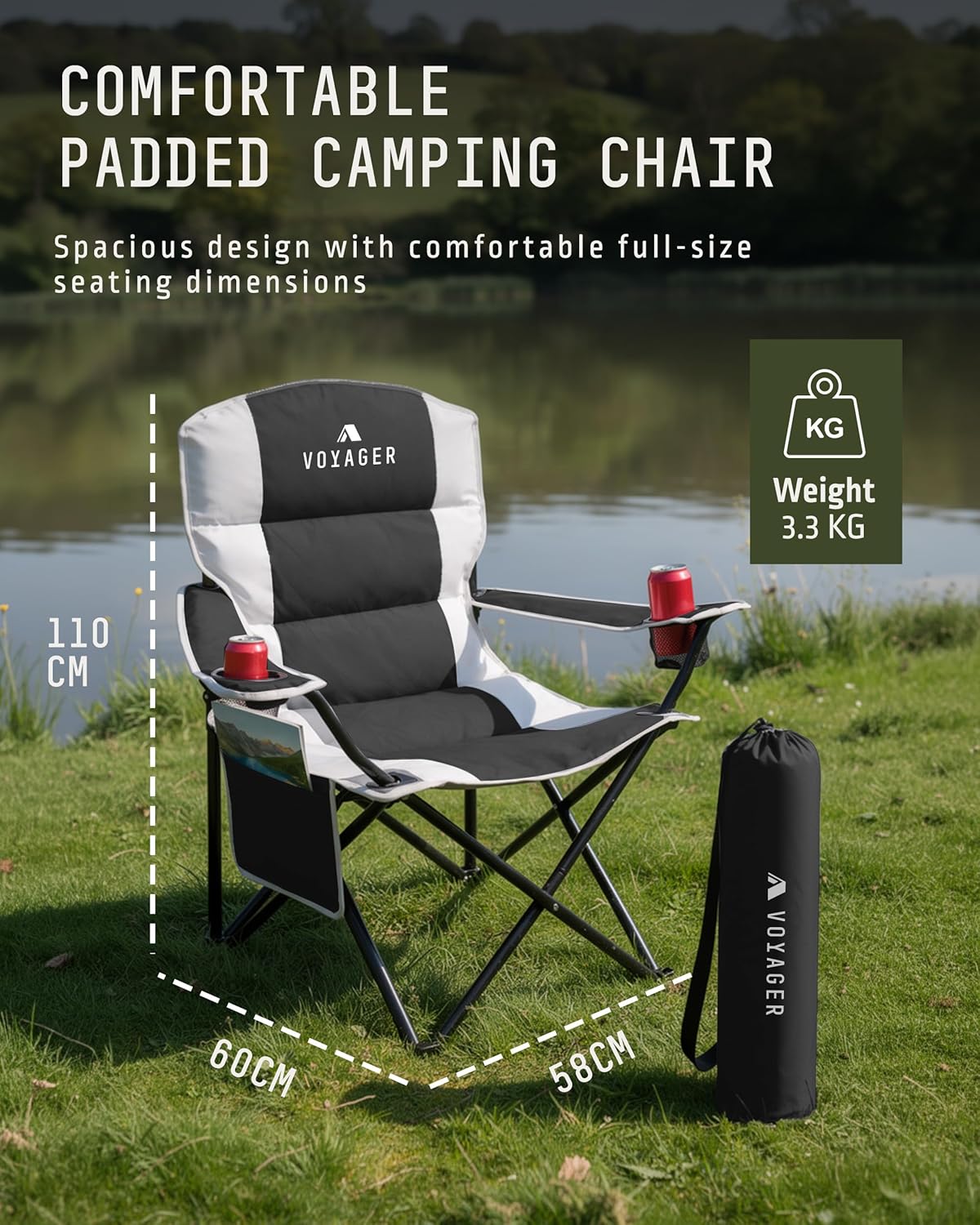 Padded Folding Camping Chairs 2 Pack Cooler Bag Black