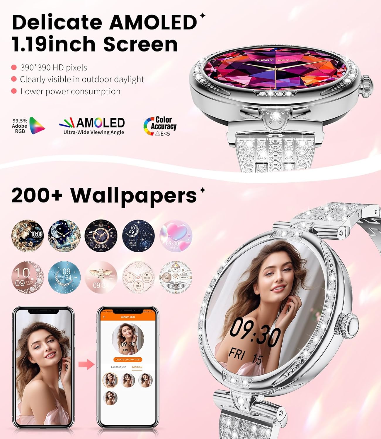 Silver Diamond Ladies Smart Watch Bluetooth Call AMOLED Watch