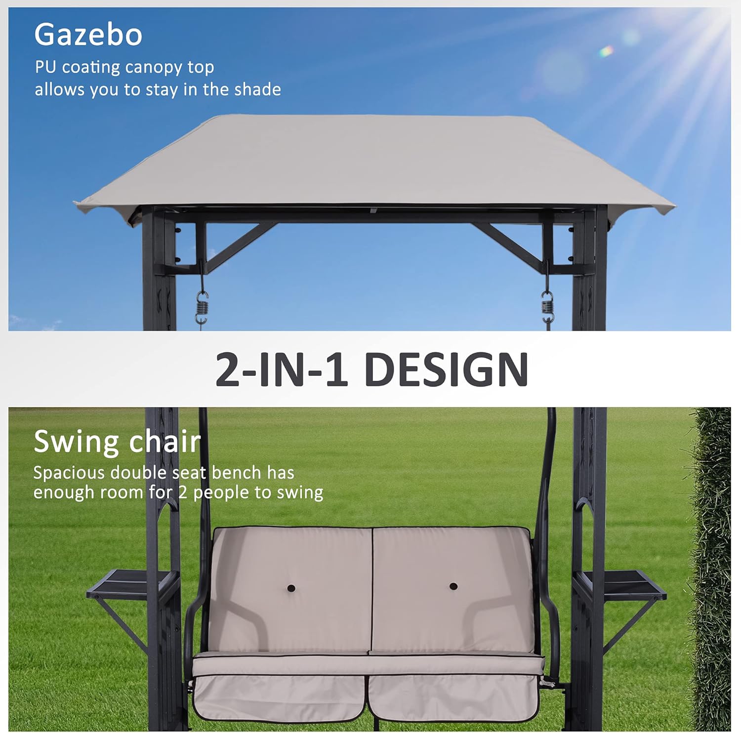 2 Seater Garden Swing Chair with Canopy Side Tables Beige