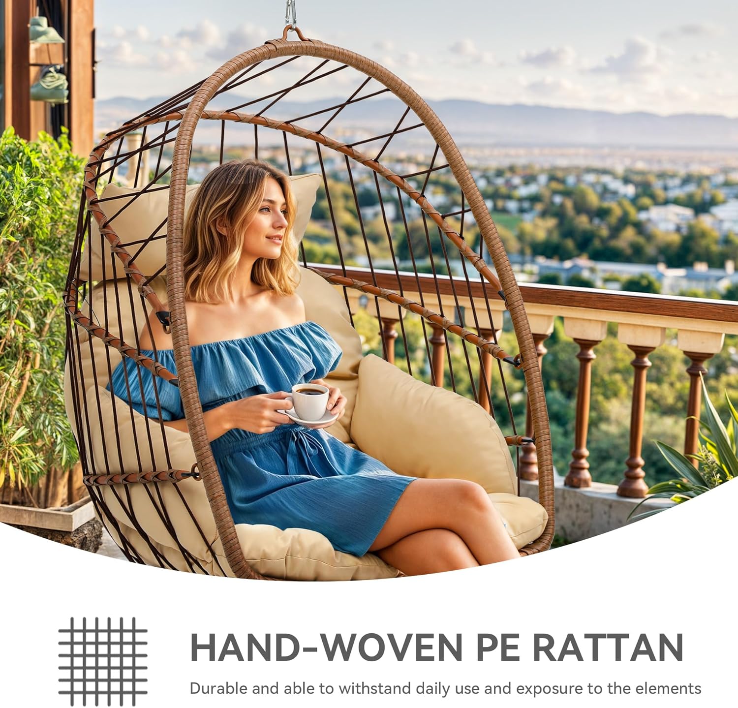 Rattan Hanging Egg Chair with Cushion Brown 72cm