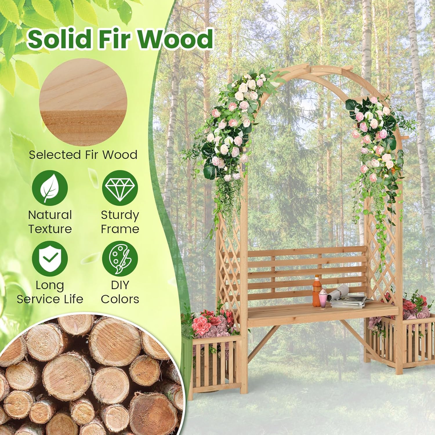 Wooden Garden Arch with Bench & Planters Trellis Pergola Seat