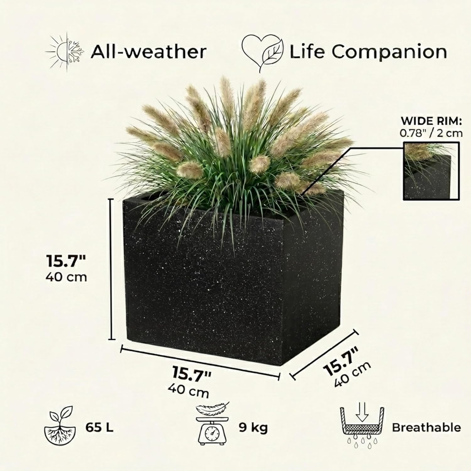 40cm Black Terrazzo Square Planter Stone Effect Garden Pot
