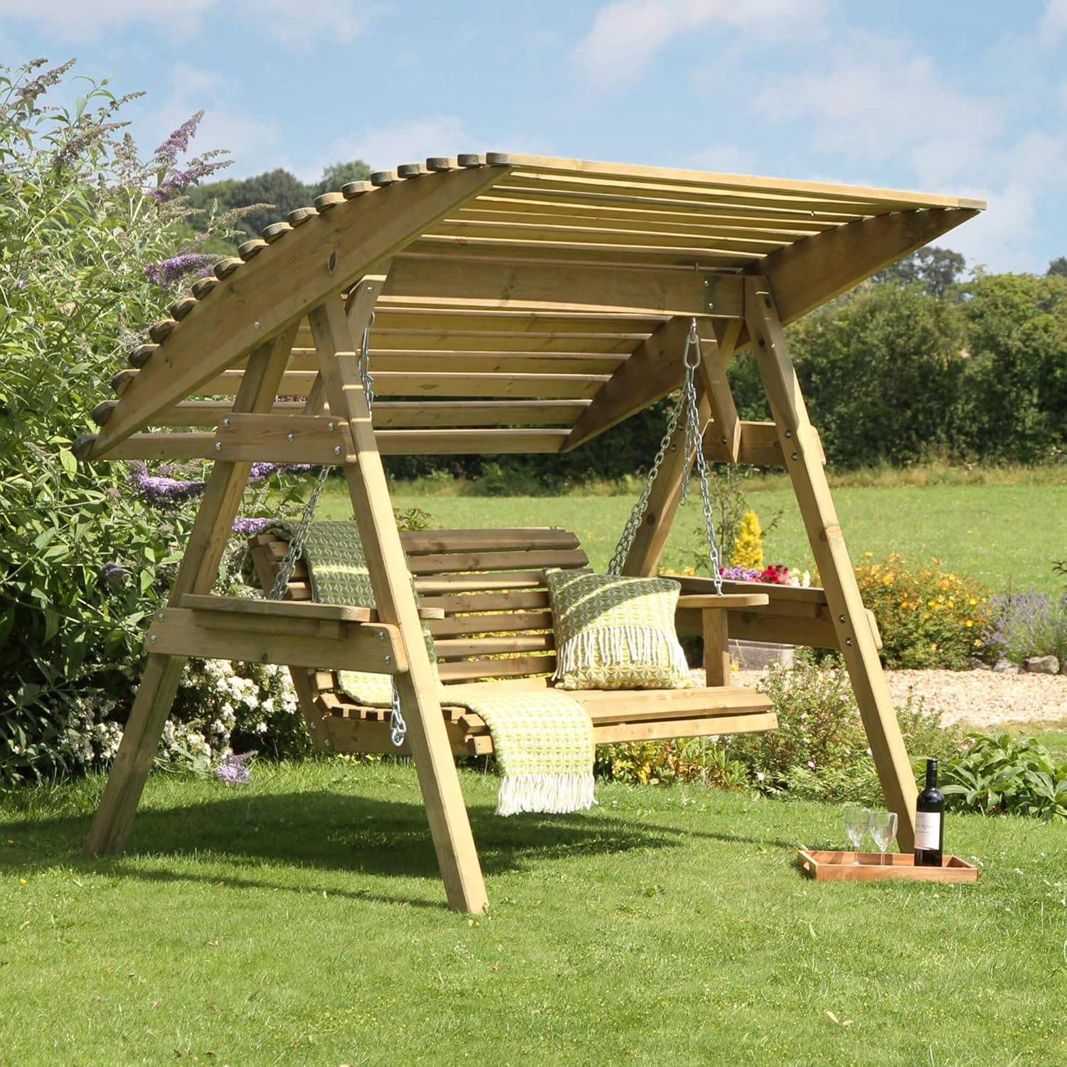 2 Seat Wooden Garden Swing Chair Canopy Bench Lounger