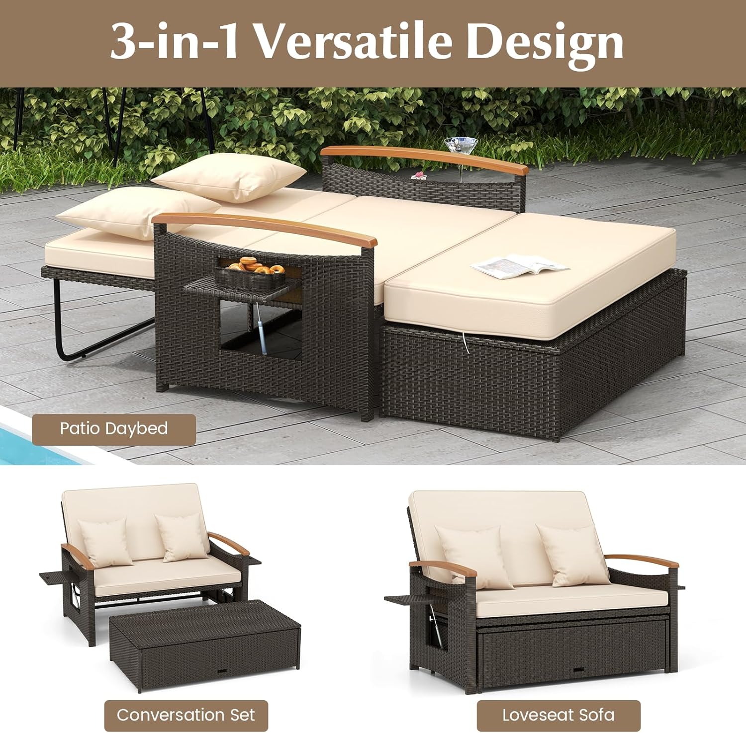 Outdoor Rattan Daybed Sun Lounger Storage Beige