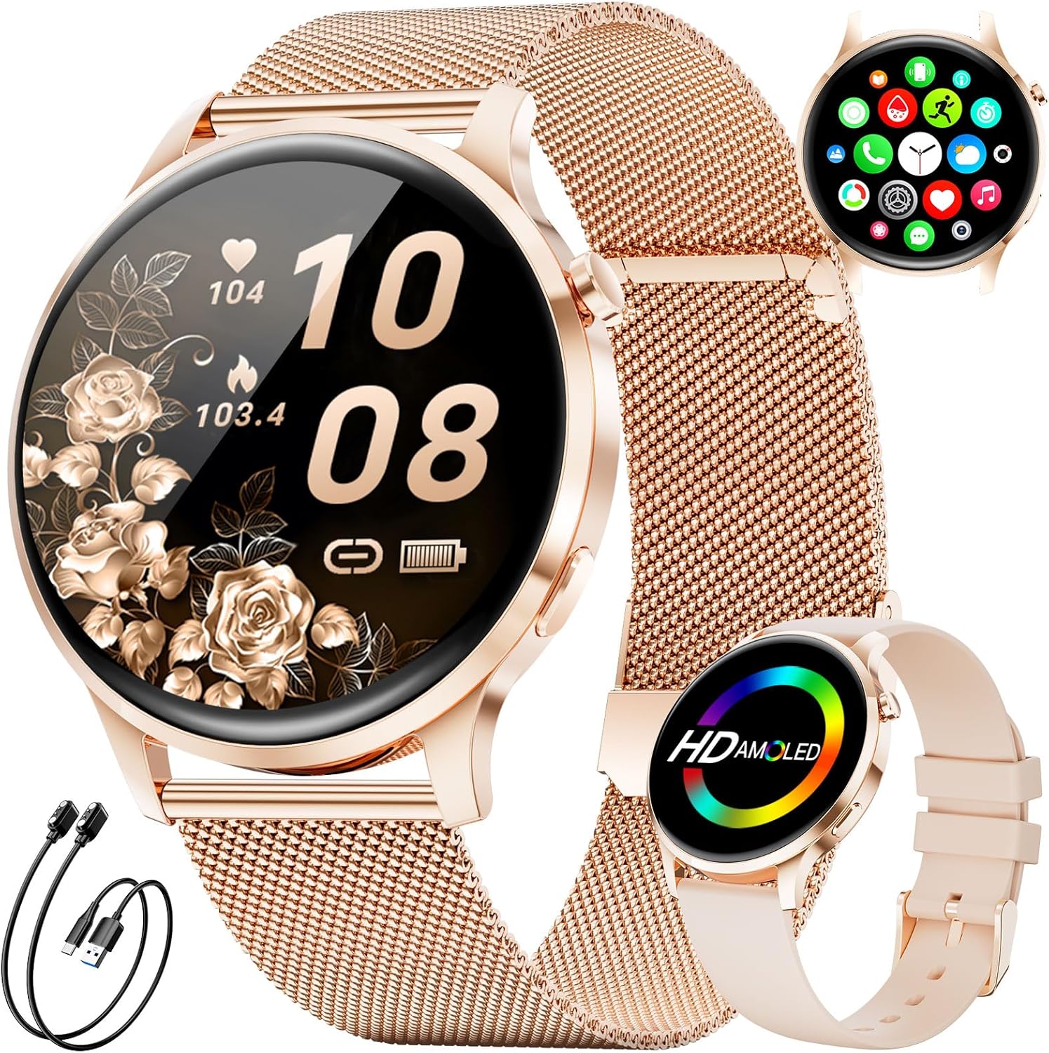 Womens AMOLED Smart Watch Rose Gold Mesh Call