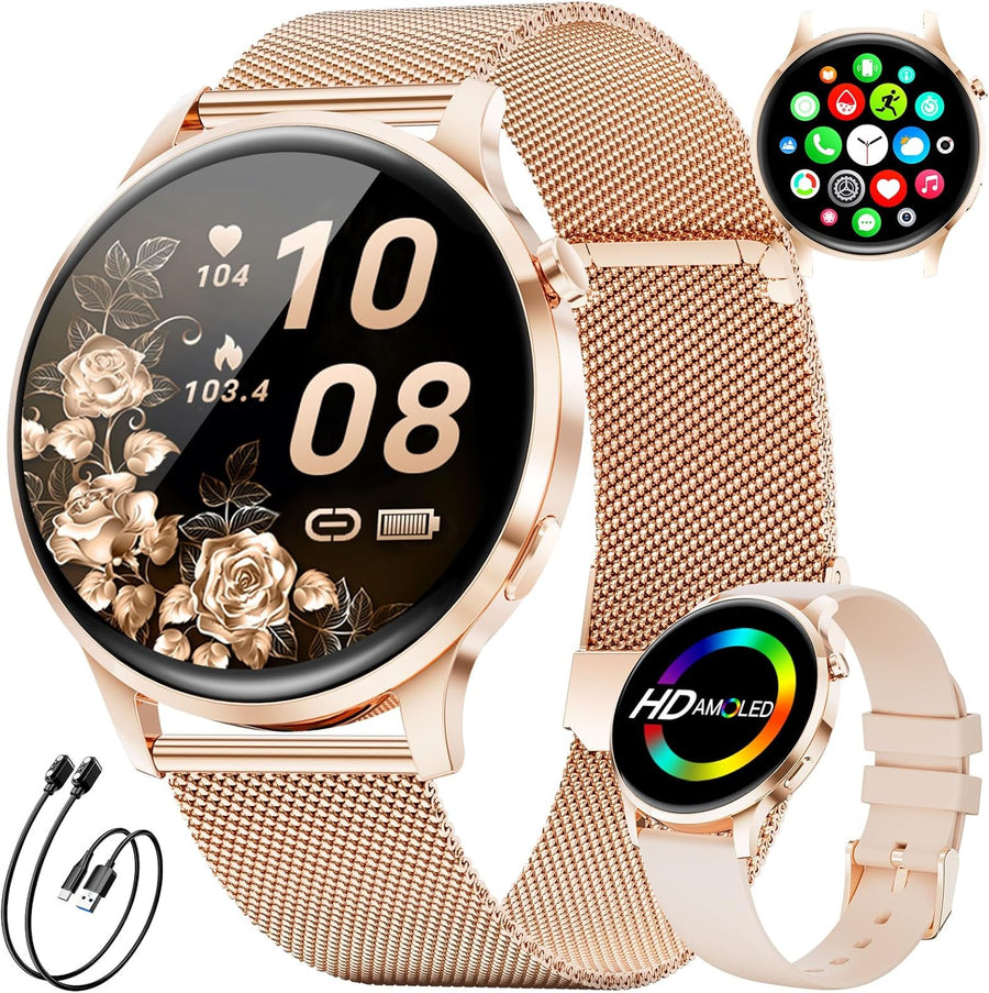 Womens AMOLED Smart Watch Rose Gold Mesh Call