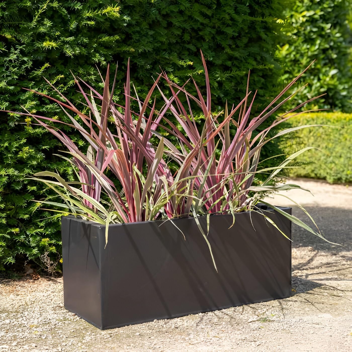 64cm Metal Garden Planter Gunmetal Black Zinc Rectangular Pot