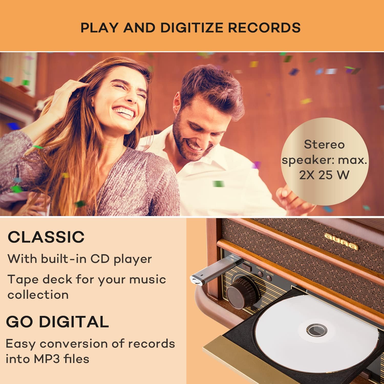 Retro Record Player Bluetooth CD Cassette Radio Brown