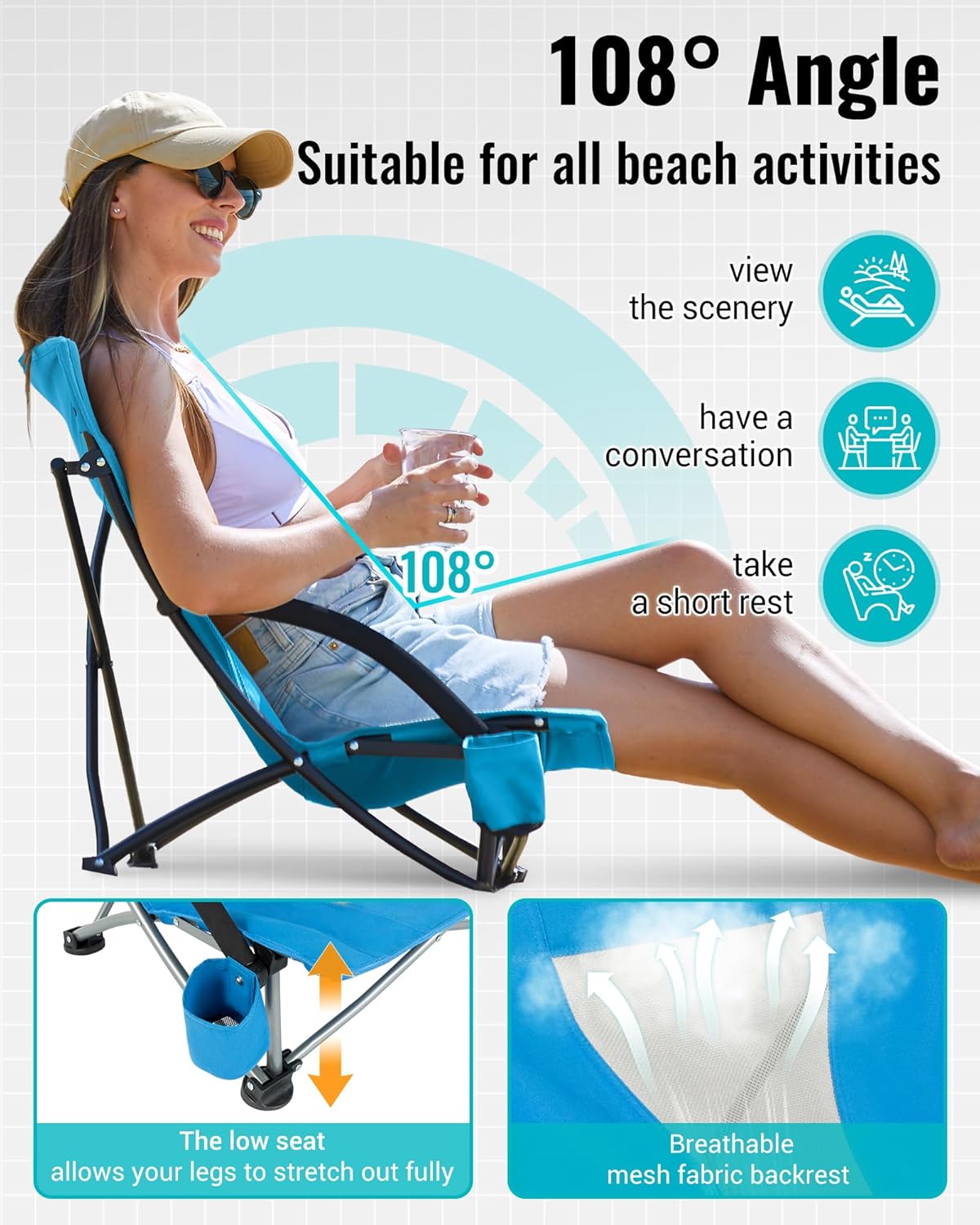 Blue Low Folding Beach Chair Heavy Duty Portable Seat