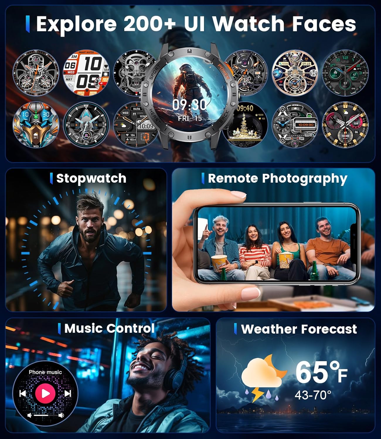 Military AMOLED Smart Watch LED Light 3 Straps