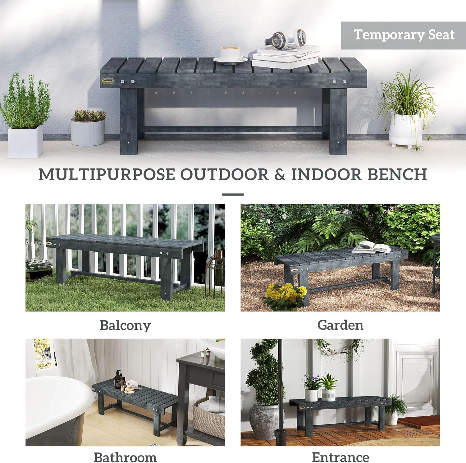 2 Seater Wooden Garden Bench Backless Patio Seat Grey