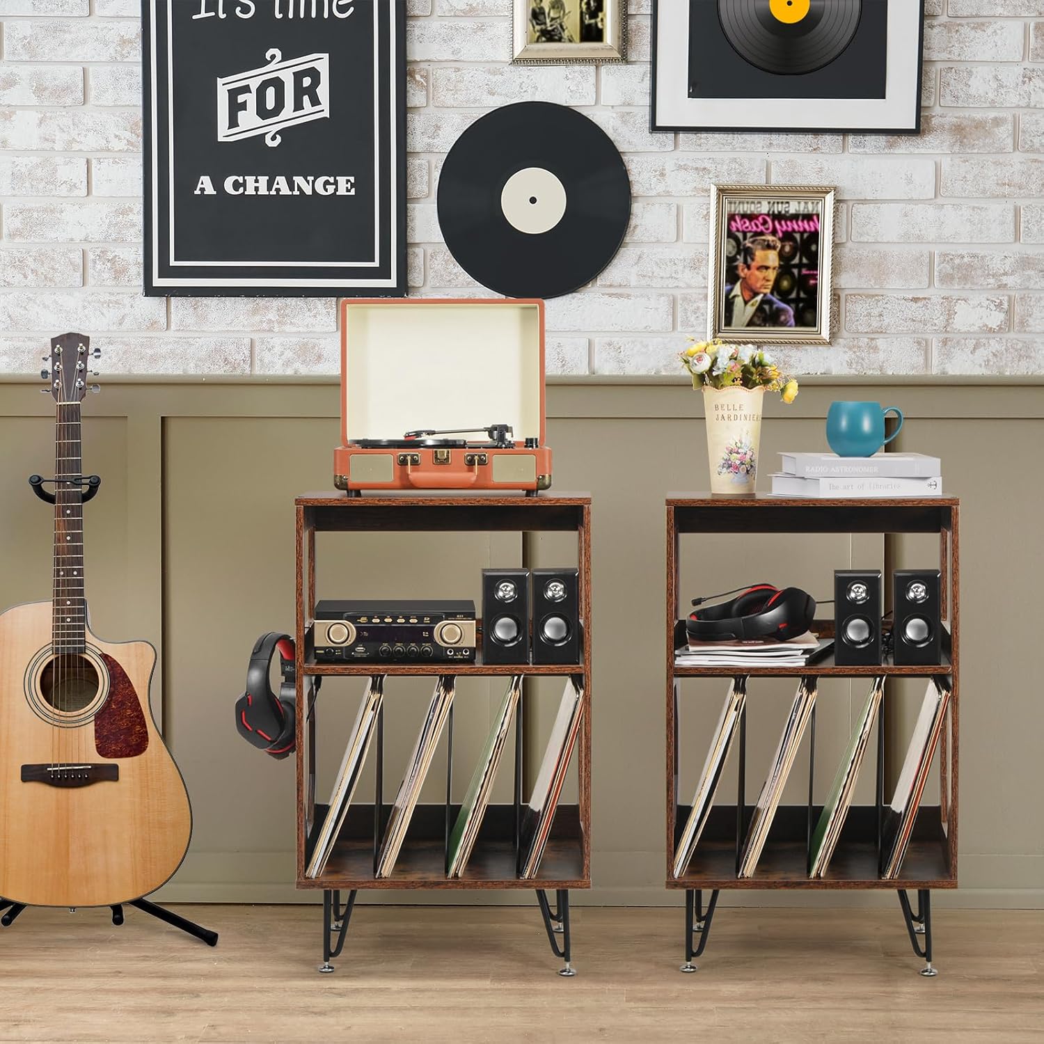 Rustic Record Player Stand with Vinyl Storage Cabinet Holds 160 Albums