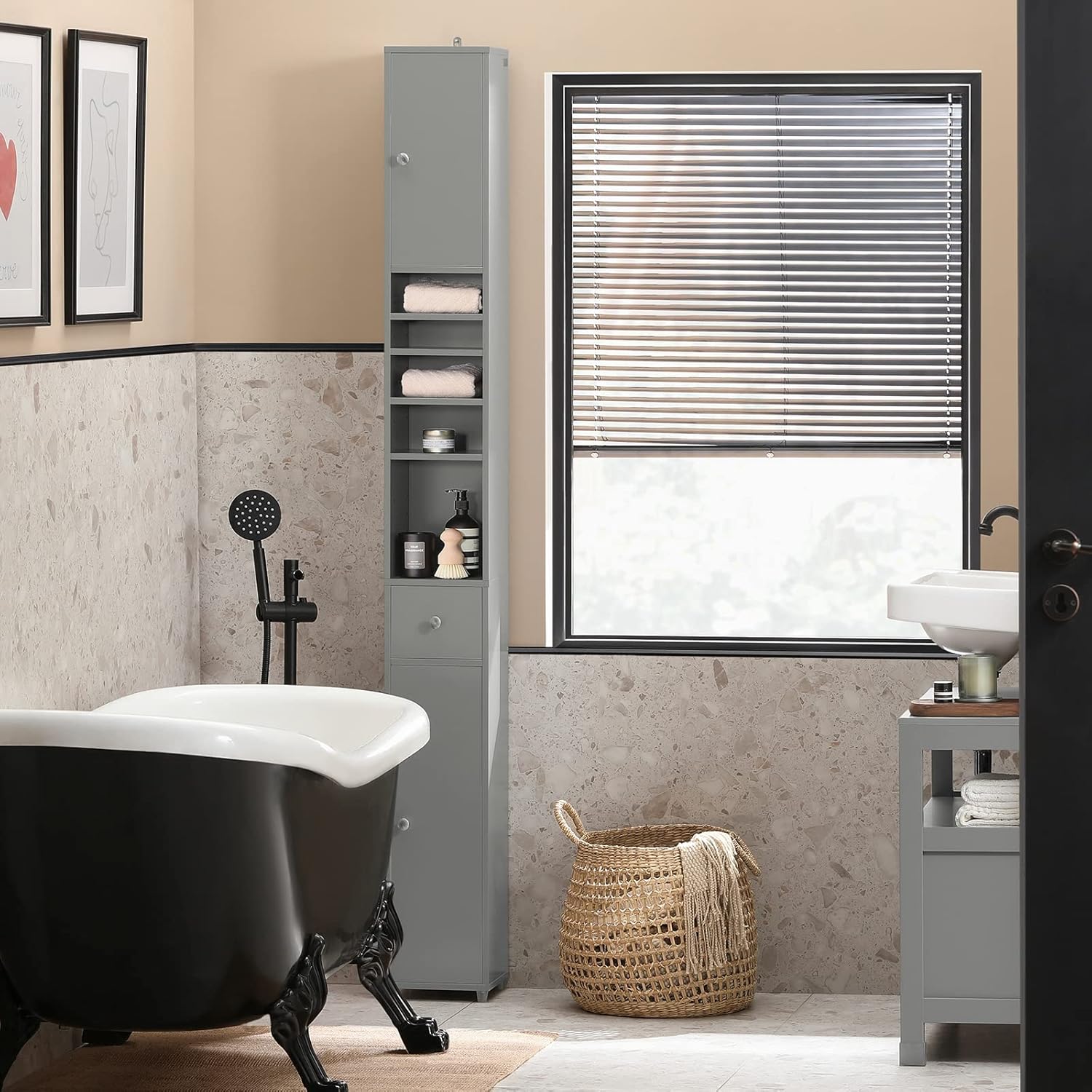 Slim Tall Bathroom Cabinet 20cm Grey Drawer Shelves 180cm