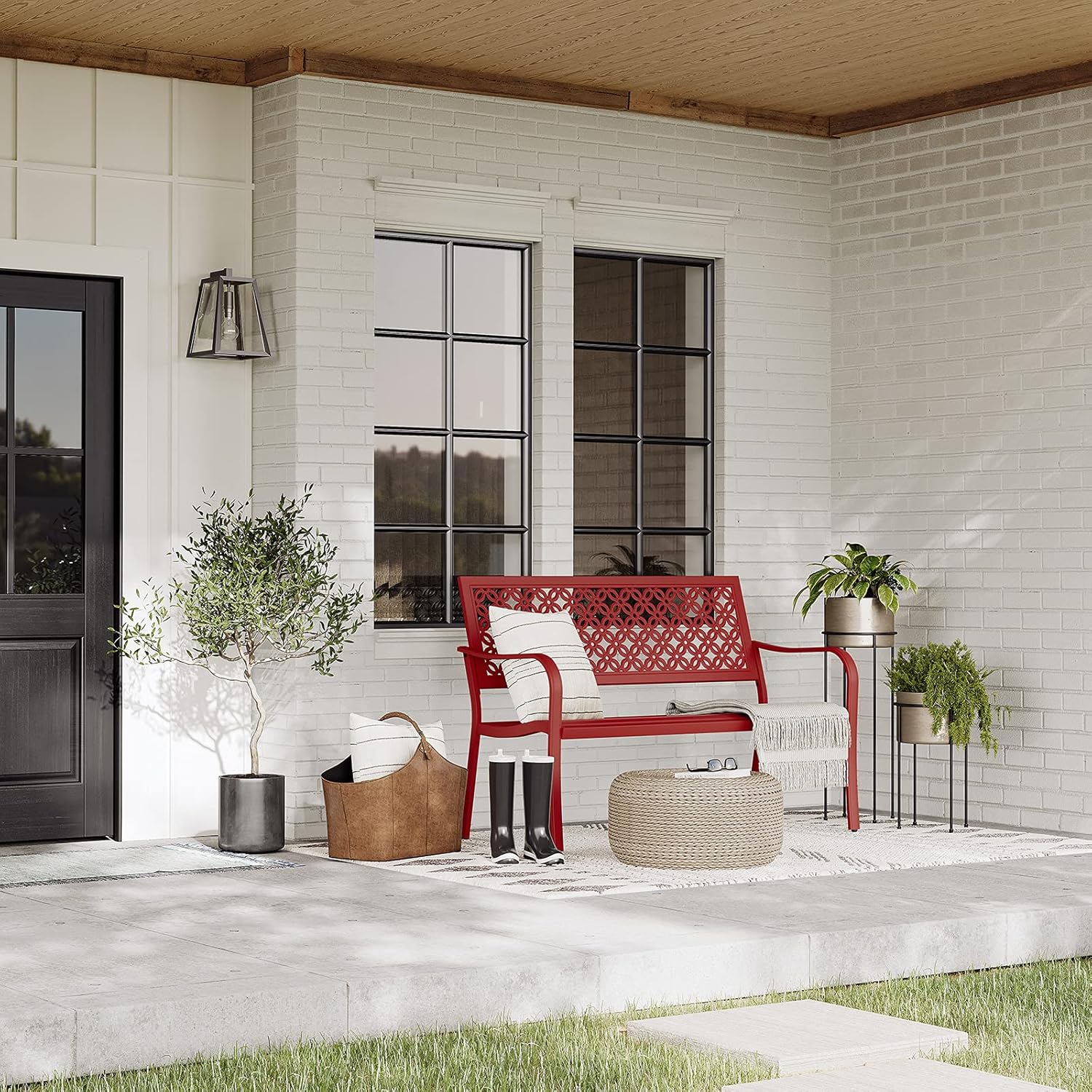 Red Metal Garden Bench 2–3 Seater Outdoor Patio Seat Rust Resistant