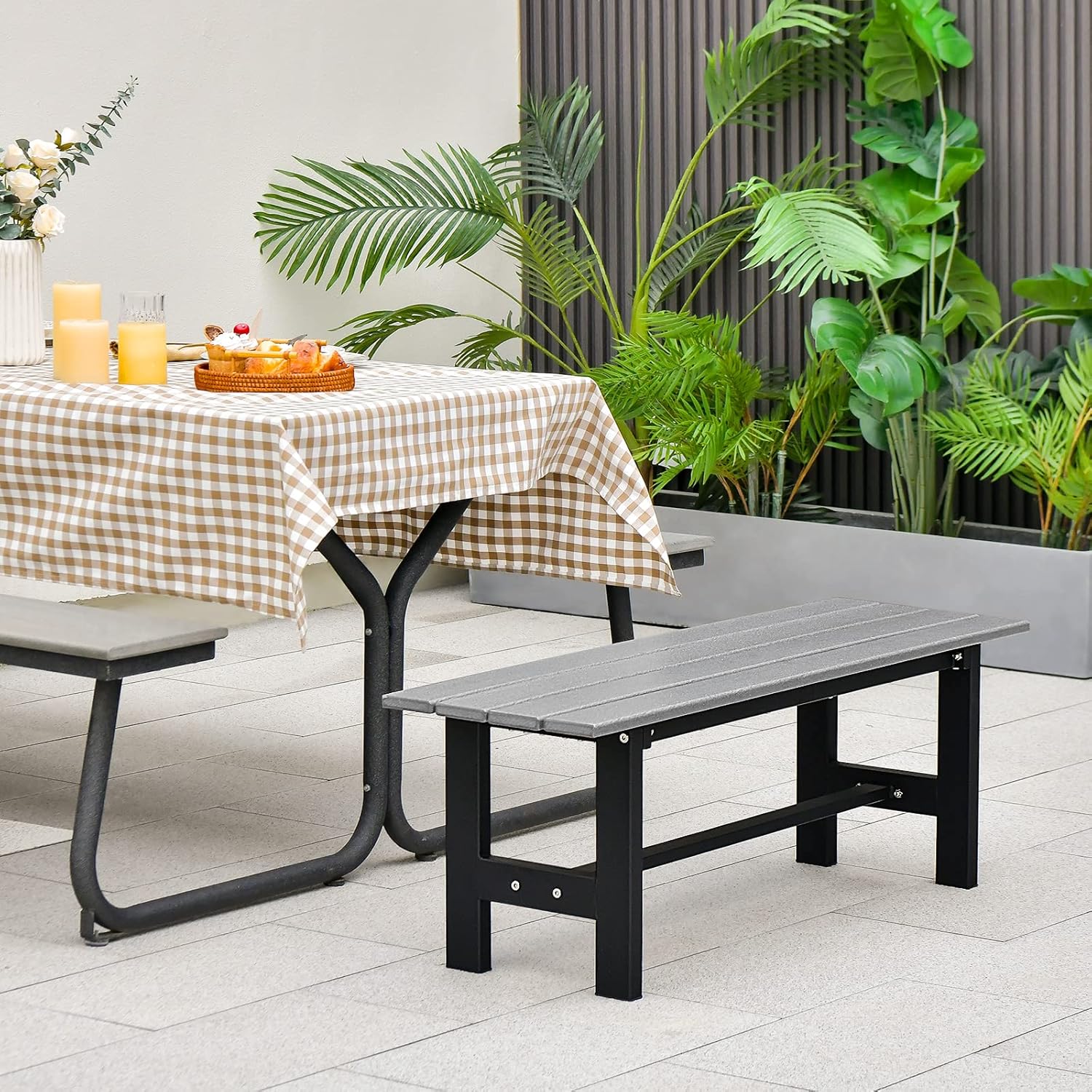 2 Seater HDPE Garden Bench Metal Frame Outdoor Patio Seat Grey