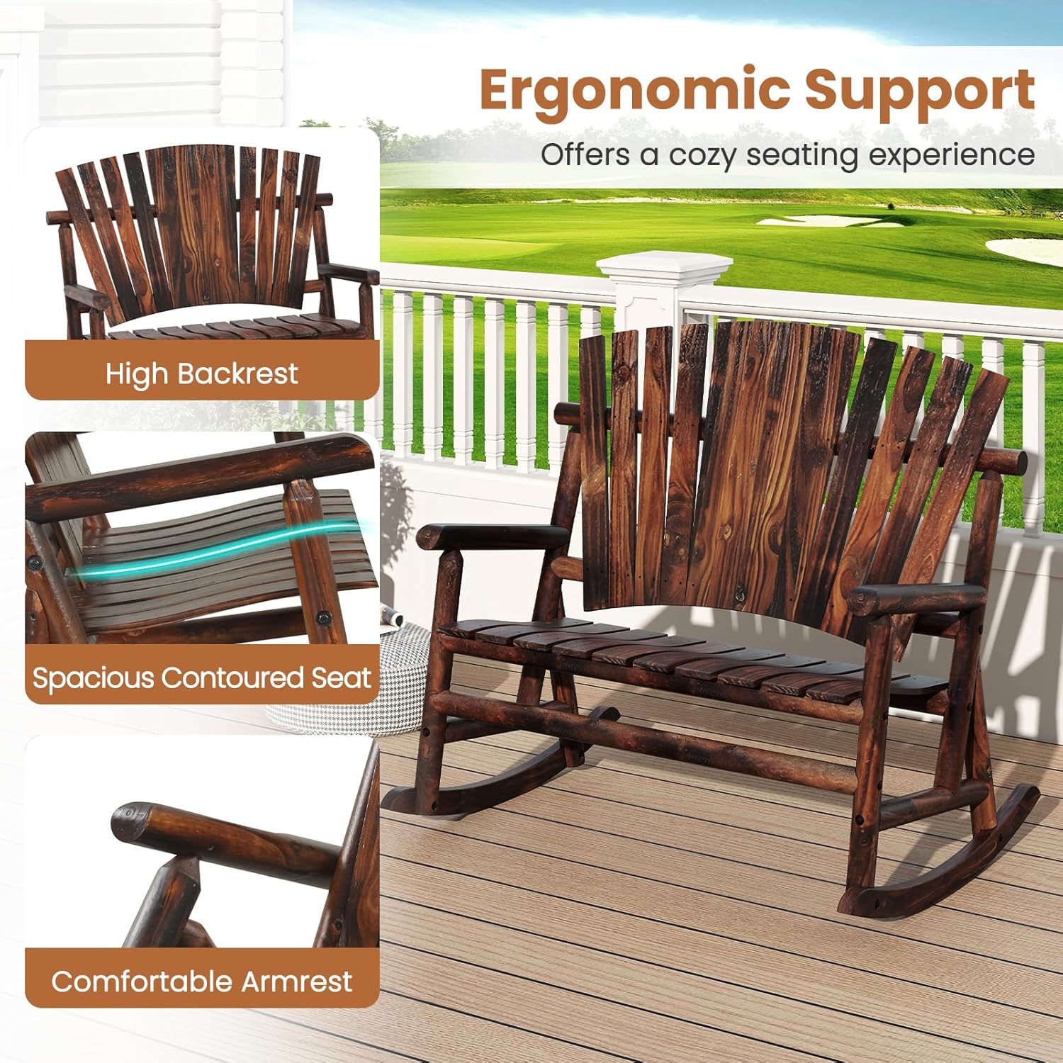 2 Person Wooden Adirondack Rocking Bench Patio Porch Chair
