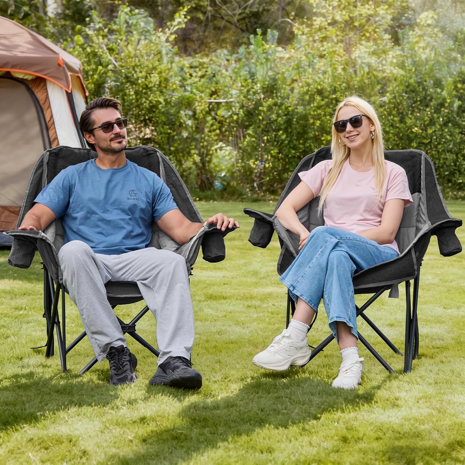 Set of 2 Oversized Padded Camping Chairs 227KG Black