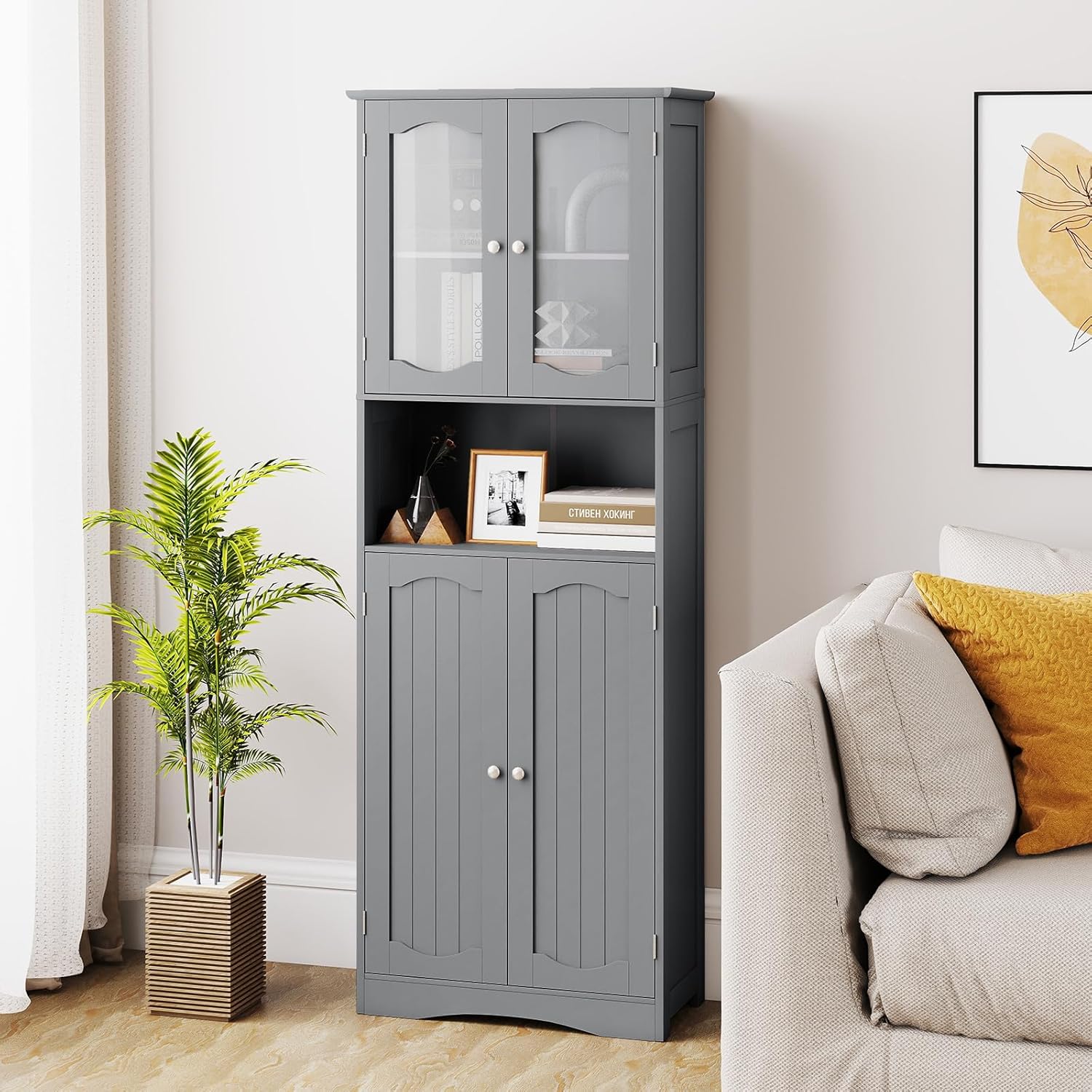 Tall Grey Storage Cabinet Frost Glass Door Shelf Unit
