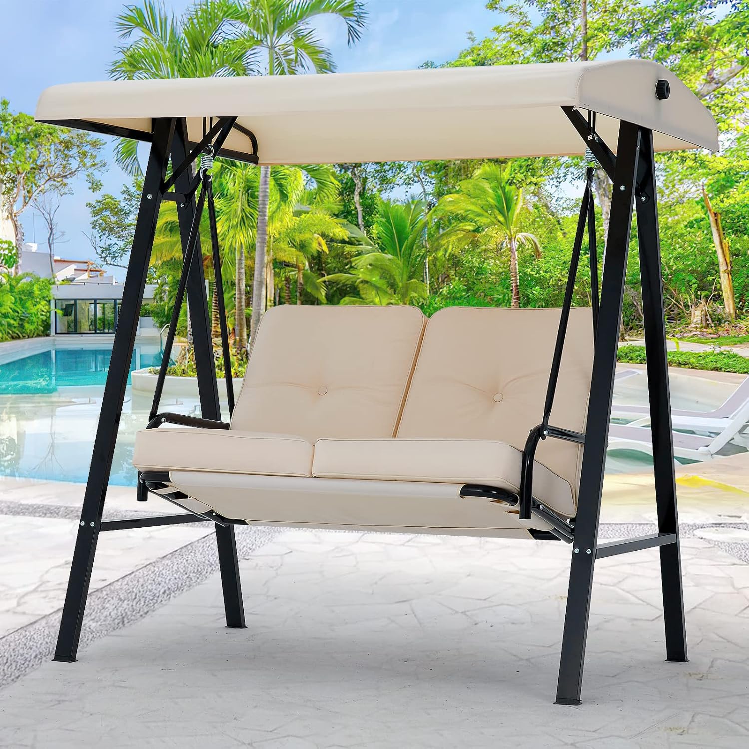 2 Seater Garden Swing Chair Beige Canopy Thick Cushion