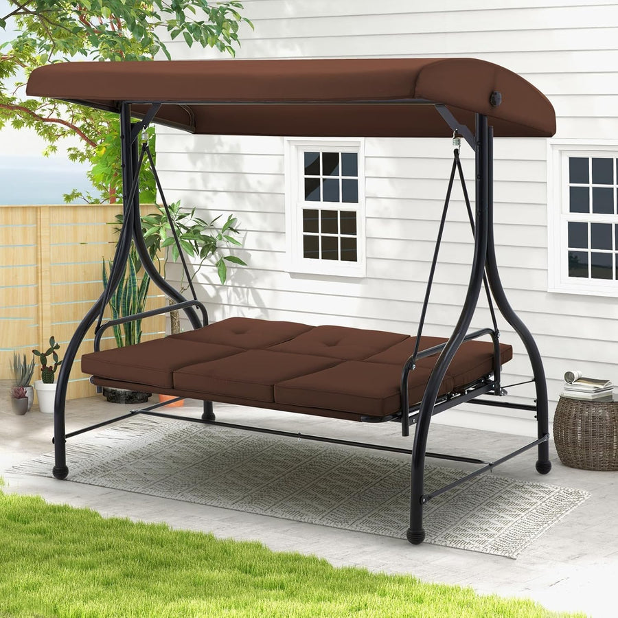 3 Seater Garden Swing Bed with Adjustable Canopy Brown