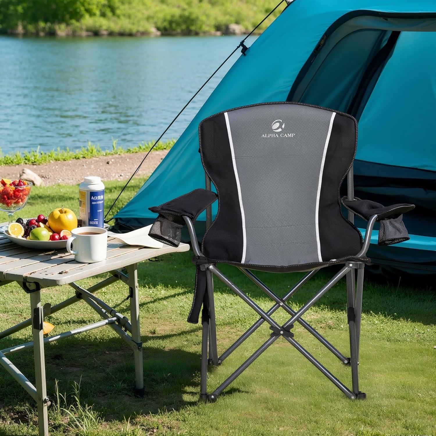 Portable High Back Camping Chair with Cup Holder Side Pocket Grey