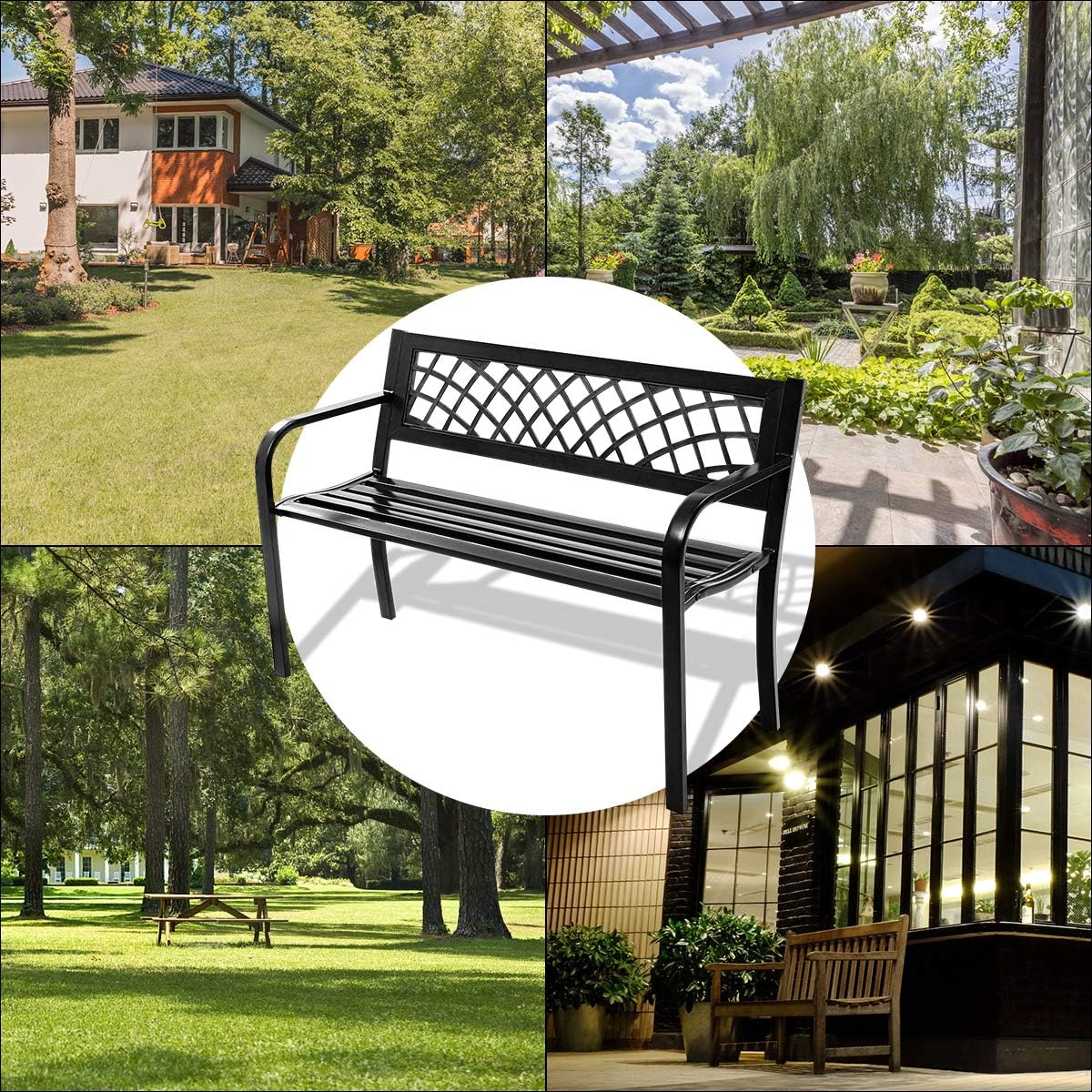 2-3 Seater Outdoor Garden Bench Metal Patio Park Bench Black