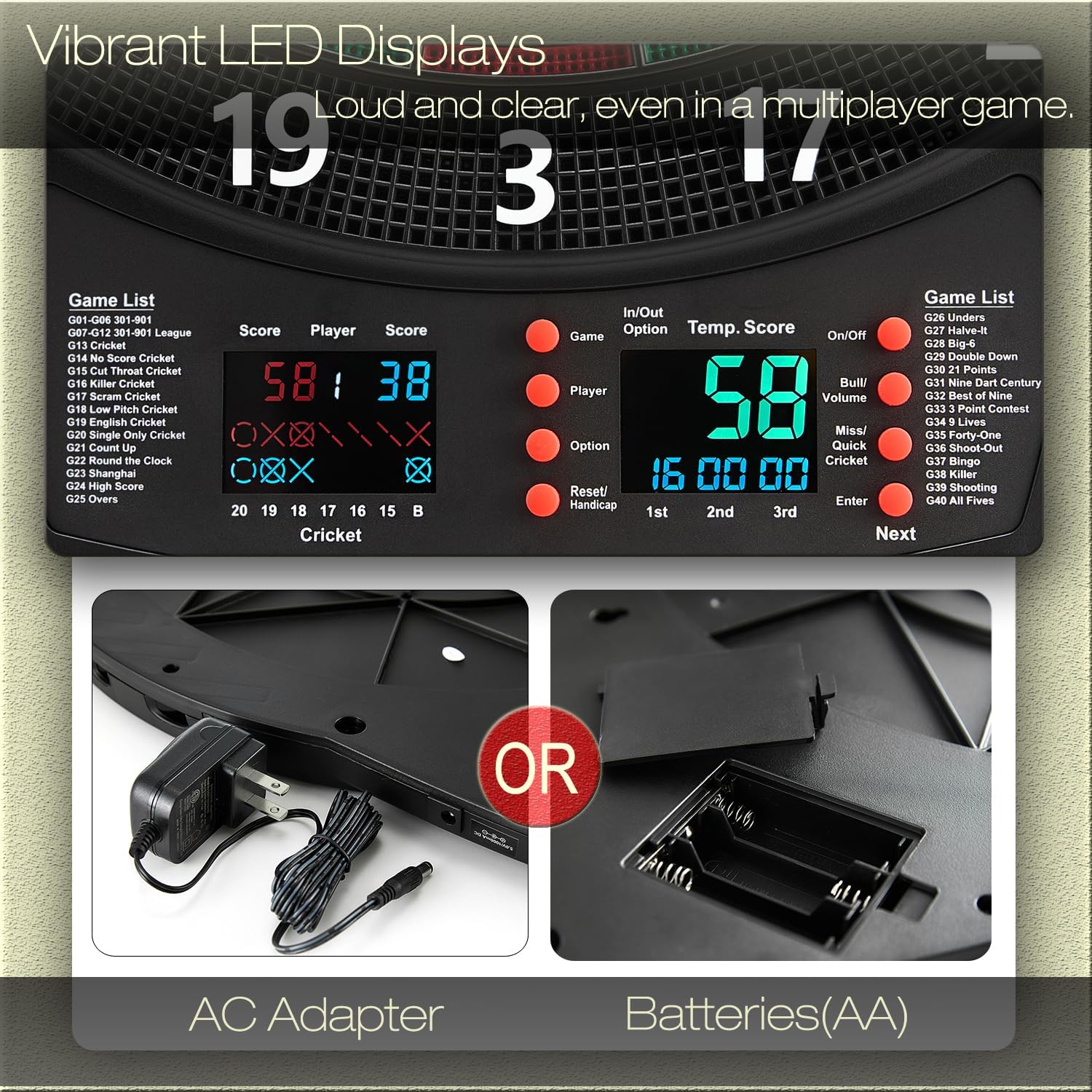 Electronic Dartboard LED Display 40 Games 427 Modes 6 Darts