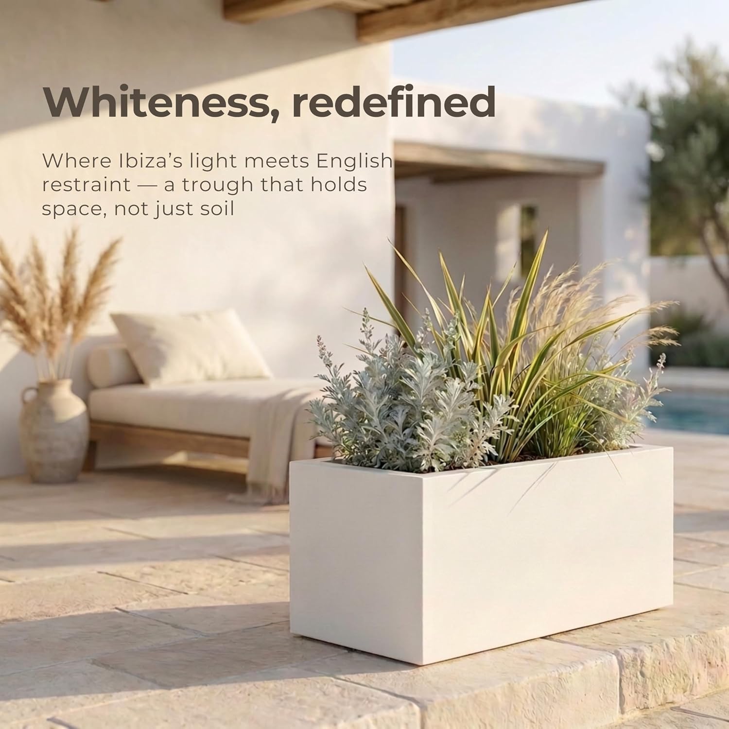 65cm White Trough Planter Stone Effect Garden Pot Rectangular