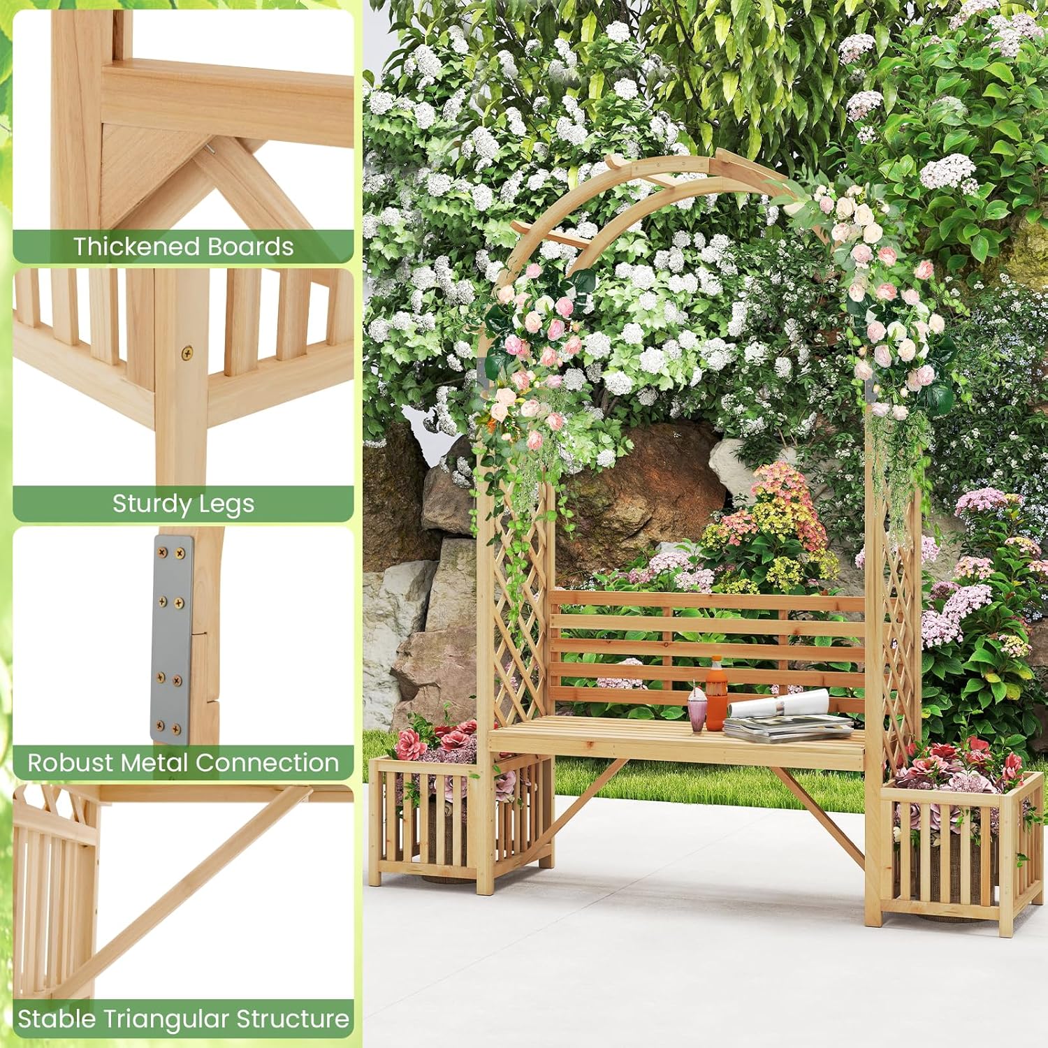 Wooden Garden Arch with Bench & Planters Trellis Pergola Seat