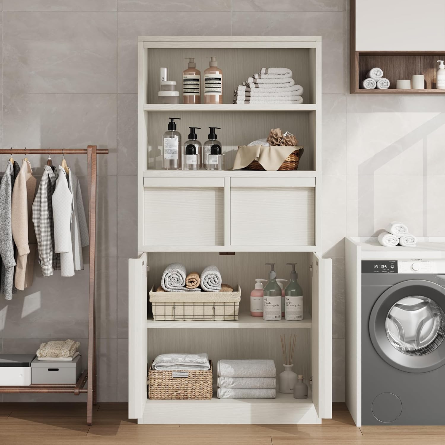 Tall Bathroom Storage Cabinet White 2 Drawers Door Unit