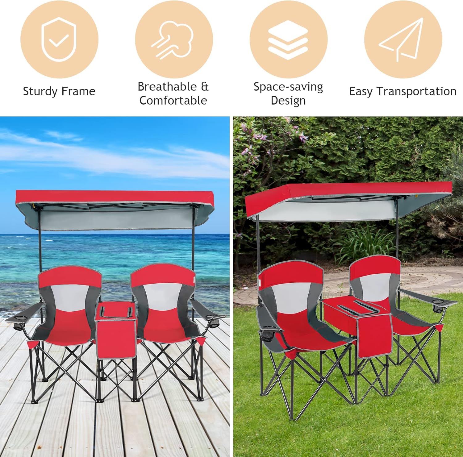Red Double Camping Chair with Canopy 2 Seater
