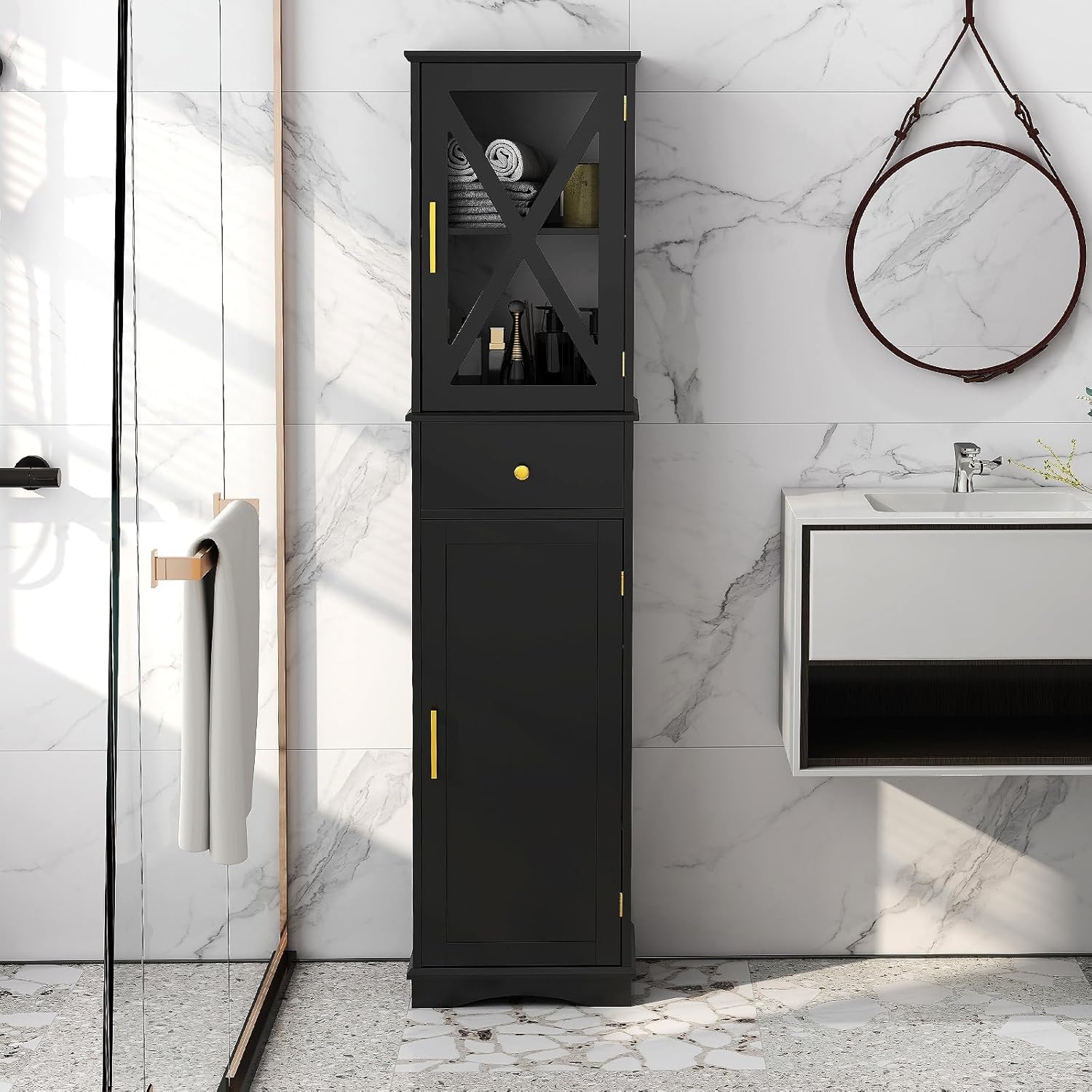 Slim Bathroom Tall Cabinet Drawer 2 Door Shelf Unit Black
