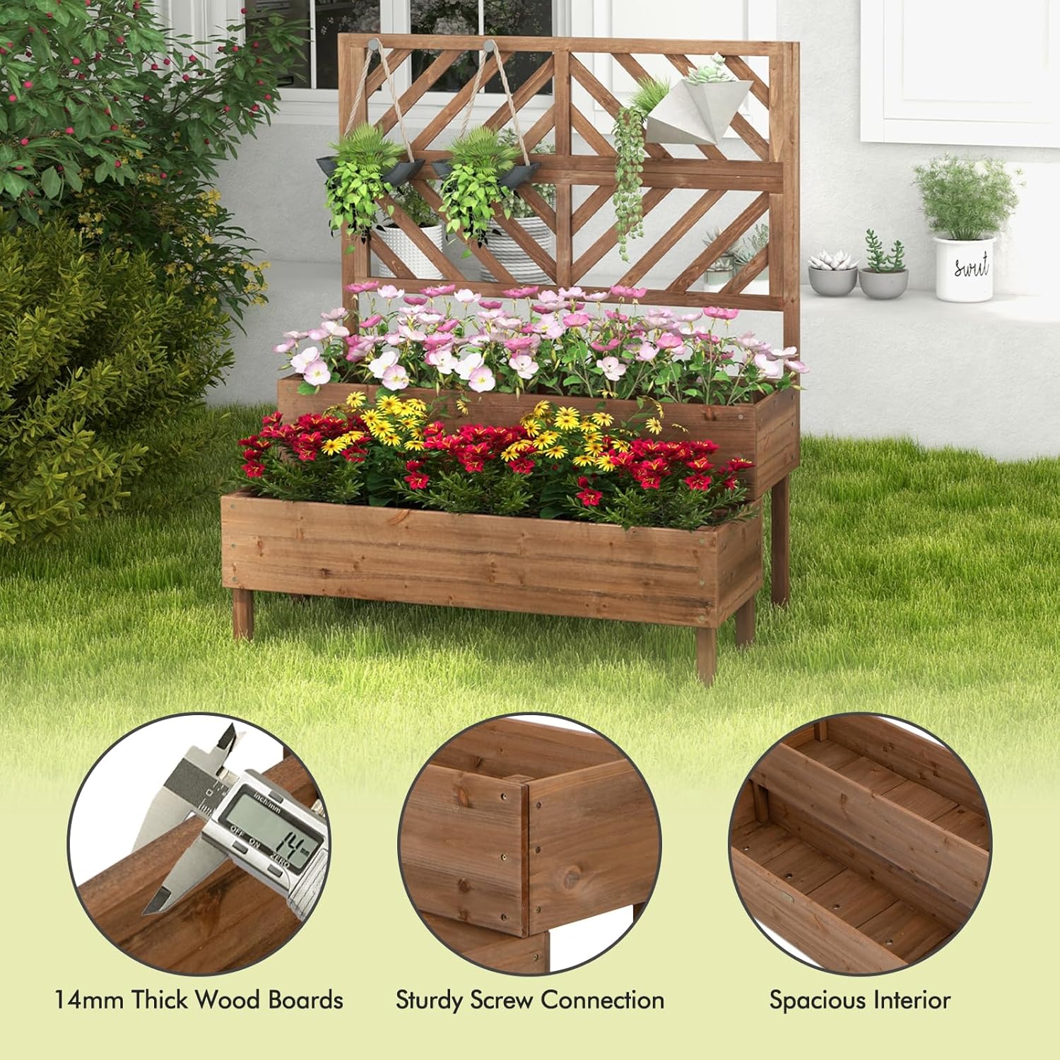 2 Tier Raised Garden Bed with Trellis Wooden Planter 135cm