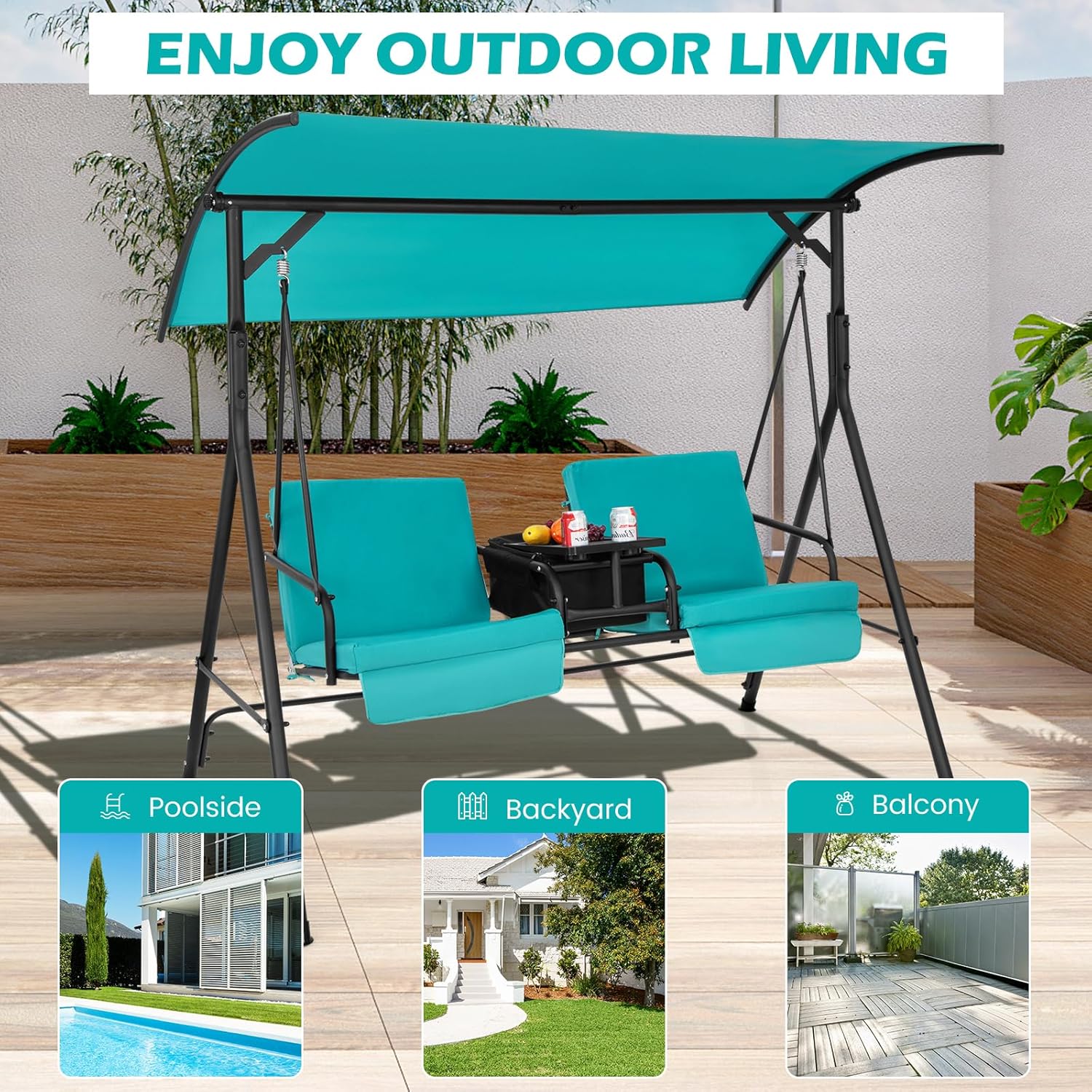 2 Seater Swing Chair Canopy Cooler Tray Turquoise