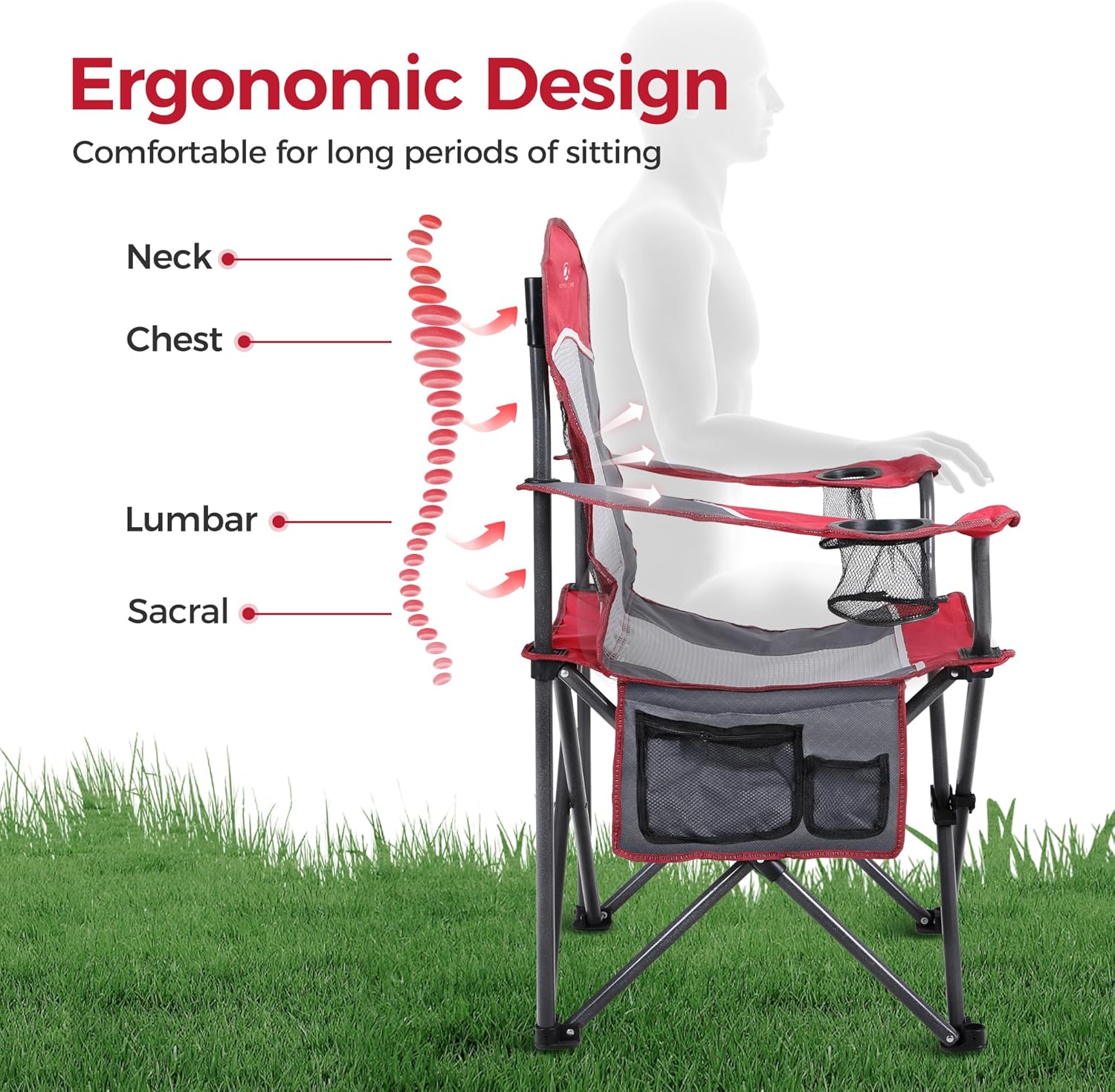 Oversized Camping Chair Mesh Back Folding Seat Red