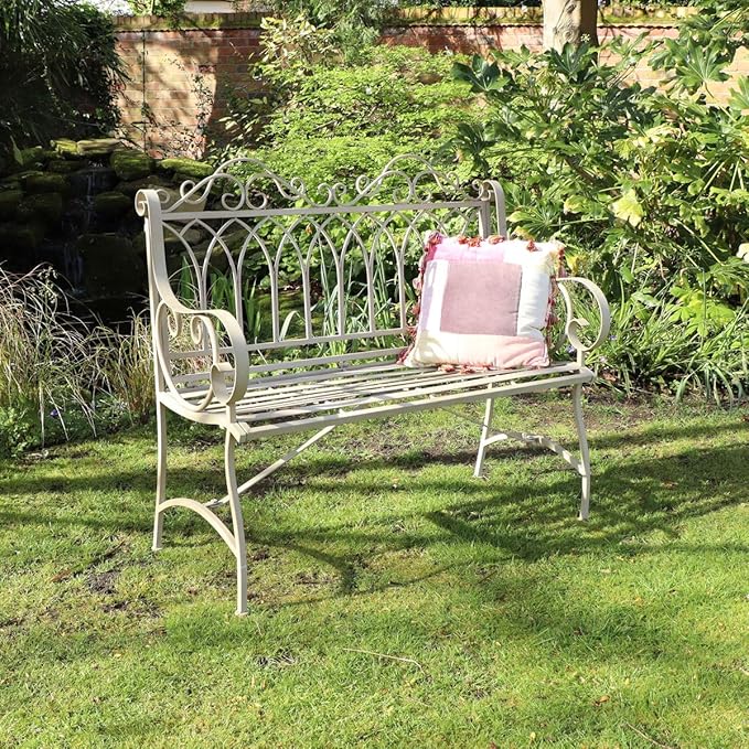 Vintage Metal Garden Bench Antique Cream Patio Seat
