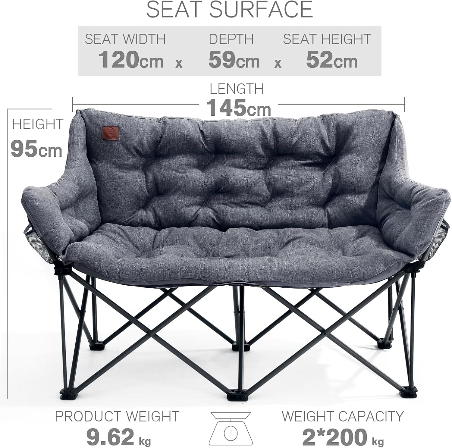 Double Camping Chair 400KG Oversized Folding Sofa Grey