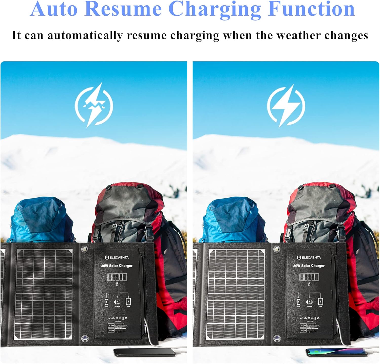 30W Foldable Solar Charger USB C PD QC3 Portable Waterproof Panel