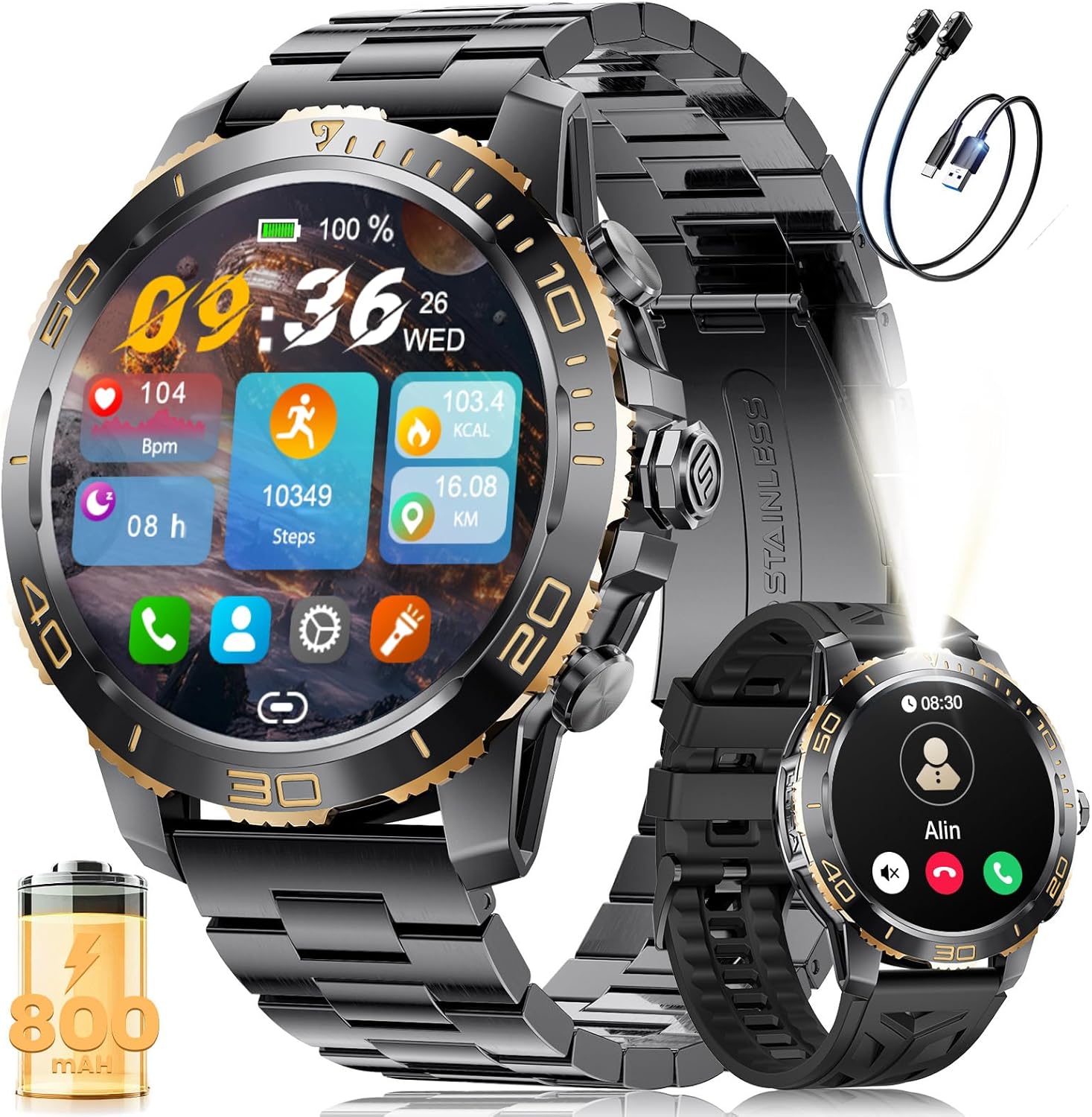 Mens AMOLED Smart Watch Call LED Flash 110 Sports