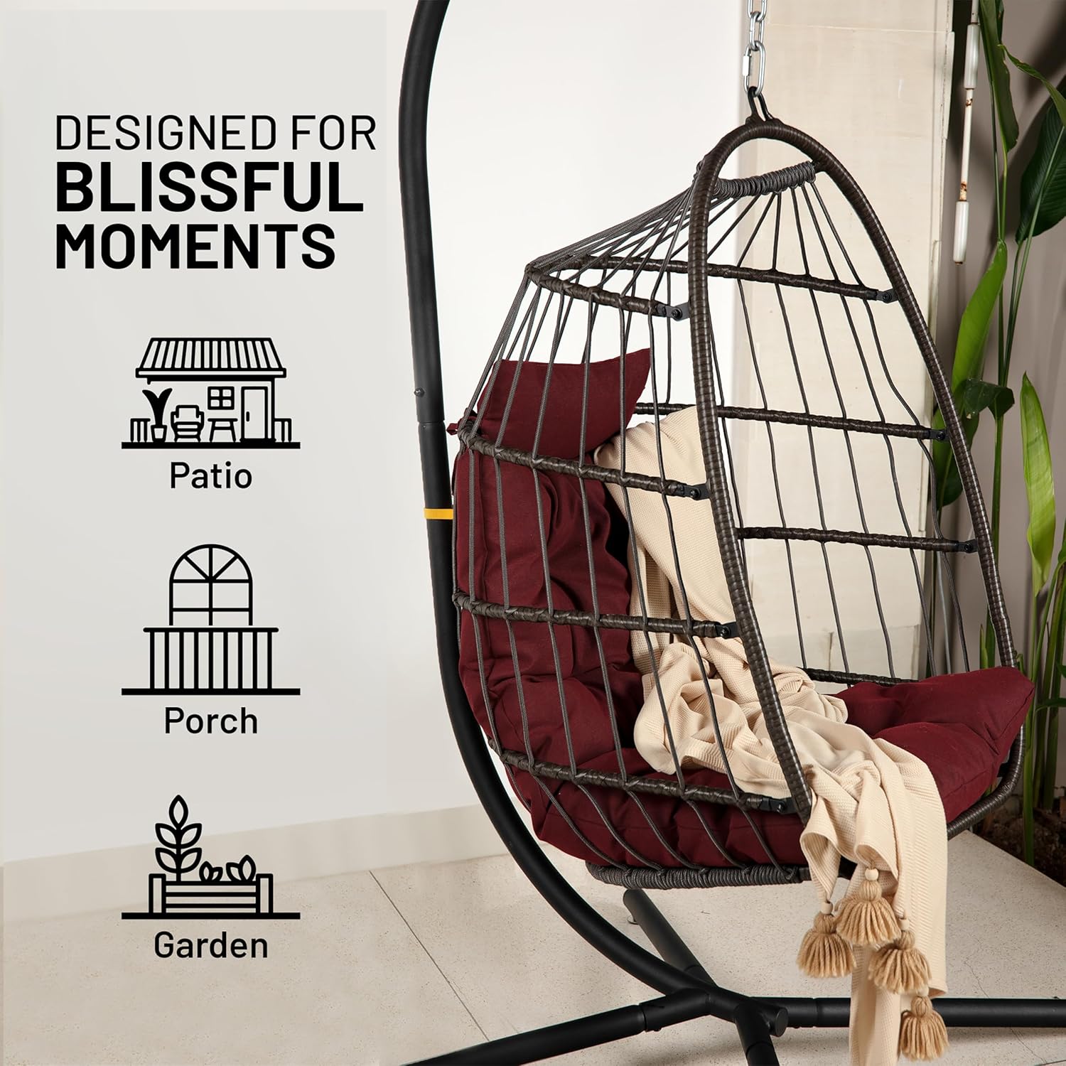 Foldable Rattan Egg Chair with Stand Cushion Red