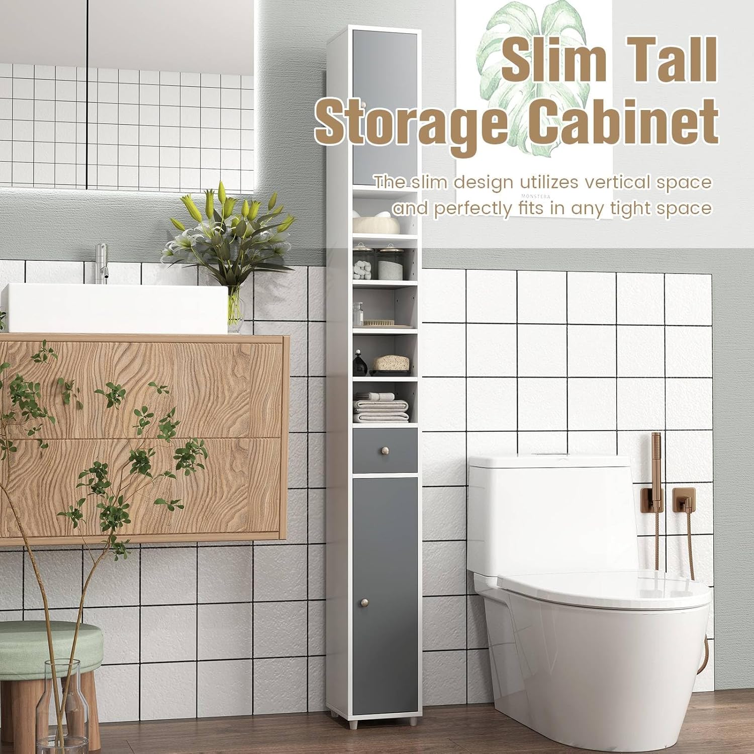 Tall Slim Storage Cabinet Grey White Drawer Shelf Unit